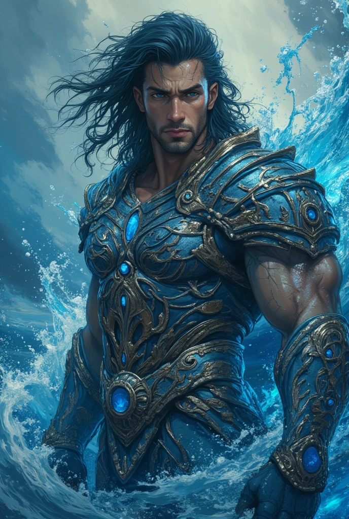 [SeaArt] is a muscular man with determined features, wearing mystical Atlantean armor adorned with aquatic motifs. His eyes glow blue, symbolizing his marine powers. The armor is silver with bluish highlights, and he holds a trident.
