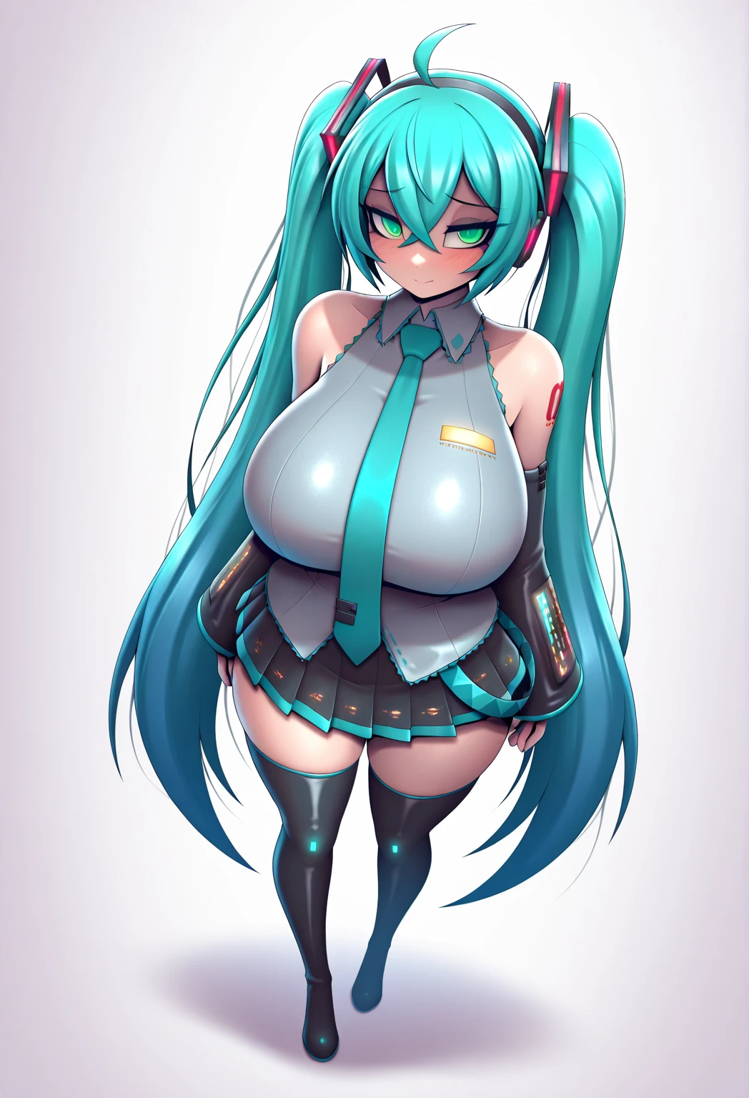 hatsune_miku, 1girl, solo, long hair, looking at viewer, smile,gigantic huge breasts, open mouth, bangs, blue eyes, simple background, thigh highs, gloves, dress, bow, ribbon,twintails, very long hair, blue hair, full body, hair bow, belt, tie,