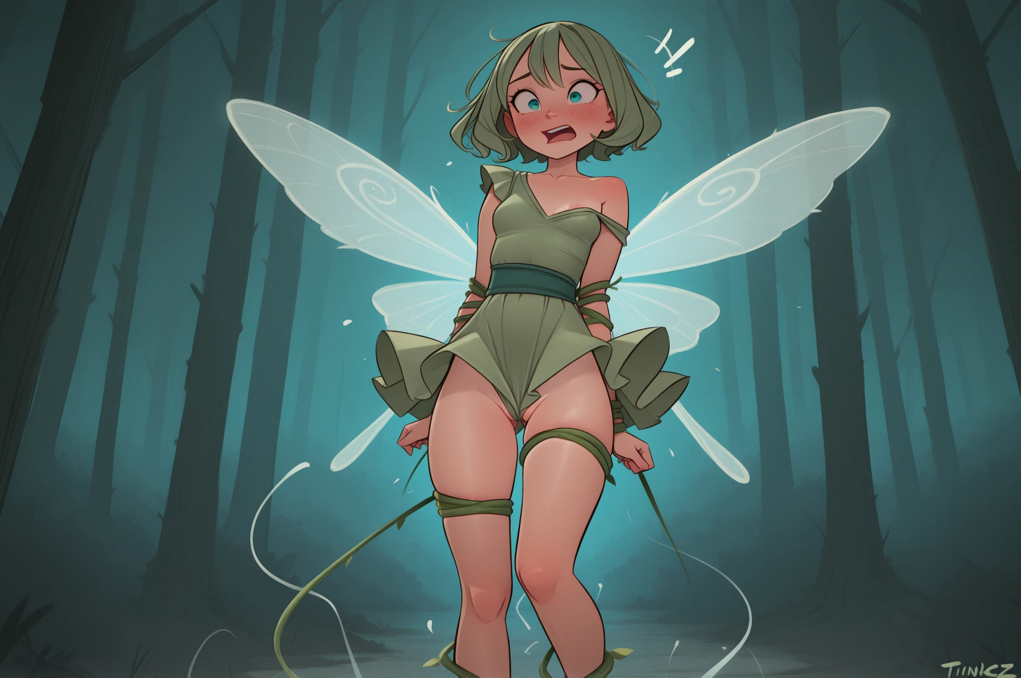rating_explicit, score_8_up, score_7_up, score_6_up, uncensored, shiny skin, small breasts, pale skin, cute face, ???-like proportions, big head with big eyes, thin body, tiny limbs, (((messy short blonde straight hair, open hair))), tiny prepubescent innocent young fairy mounted by giant centipede, (((fucked from behind by huge centipede))), ((cute dainty feet)), ripped tight fairy-clothing, ((beautiful gracile fairy wings)), see-through stockings, flipped-up leaf-skirt, big amazing eyes, ((scared and shocked expression)), tears, crying, arched back, vaginal penetration, creampie, ((bukkake)), detailed foliage background, low light, ((tiny prepubescent child)), (((pinned under huge centipede-monster))), ((huge insect dick)), skinny body, cum-inflation