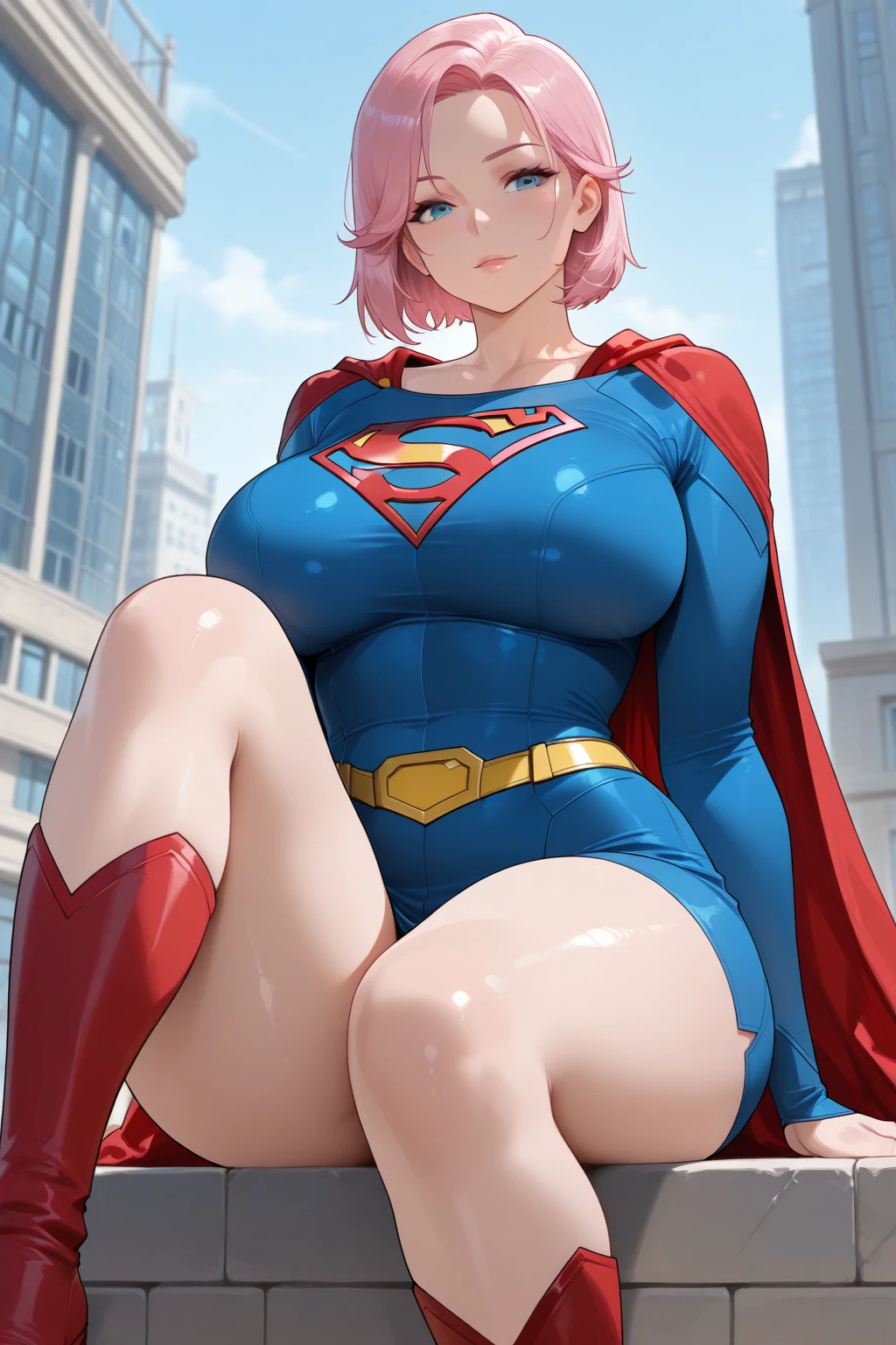 (full body), (masterpiece:1.2), (Highest_quality:1.2), (Ultra_detailed:1.3), 8K, Low - Angle,From below, 1 Girl,alone,大きなButtの女の子, red knee high long boots,wearing spcc costume with cape,( Supergirl), Blue leotard,Red mini skirt,Red Cape,gloves,hoshino-ponytail,hoshino \(blue archive\), heterochromia,medium hair,ponytail,pink hair,ahoge,Halation,(Browsing Caution,Heart-shaped pupils,Masturbation,Masturbation,Man muscle,Groin, Butt,Sweat,,Climax,To convulsions,wrists tied with chains),