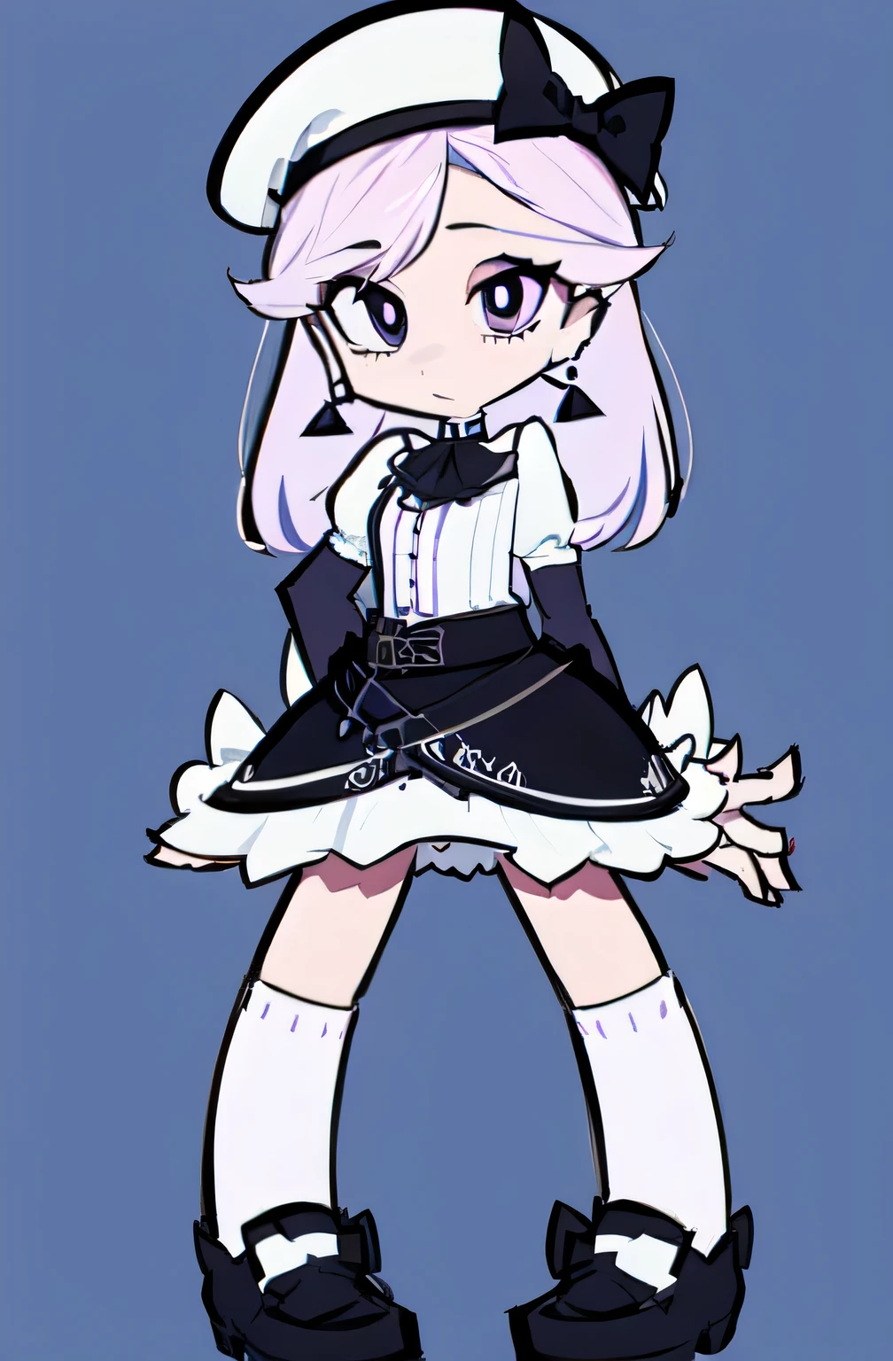 white hair、art by、 character painting style、beautiful、bow earrings、 white and purple 、knit、black beret、Full body Lesbian、white background、