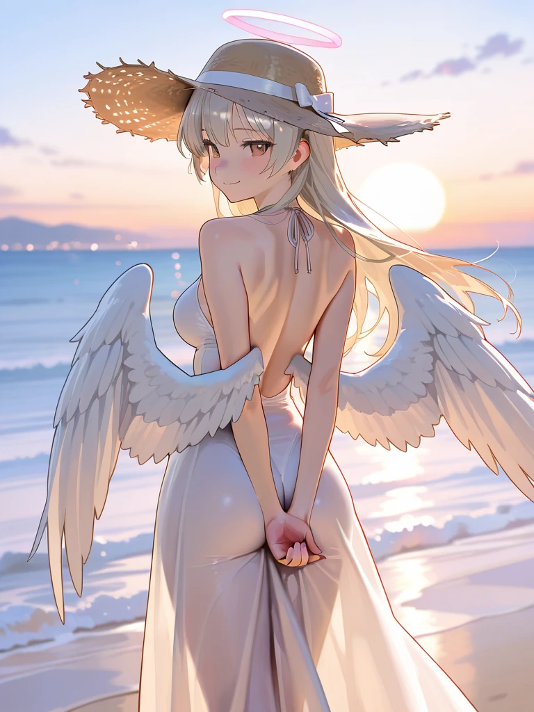 (Anime-style illustrations), Beach, A young woman with tanned skin and short, light white hair, Looking at the sea with a lewd expression, (Completely naked:1.5), (nsfw:1.4), (very tiny chest:1.5), (show pussy:1.3)