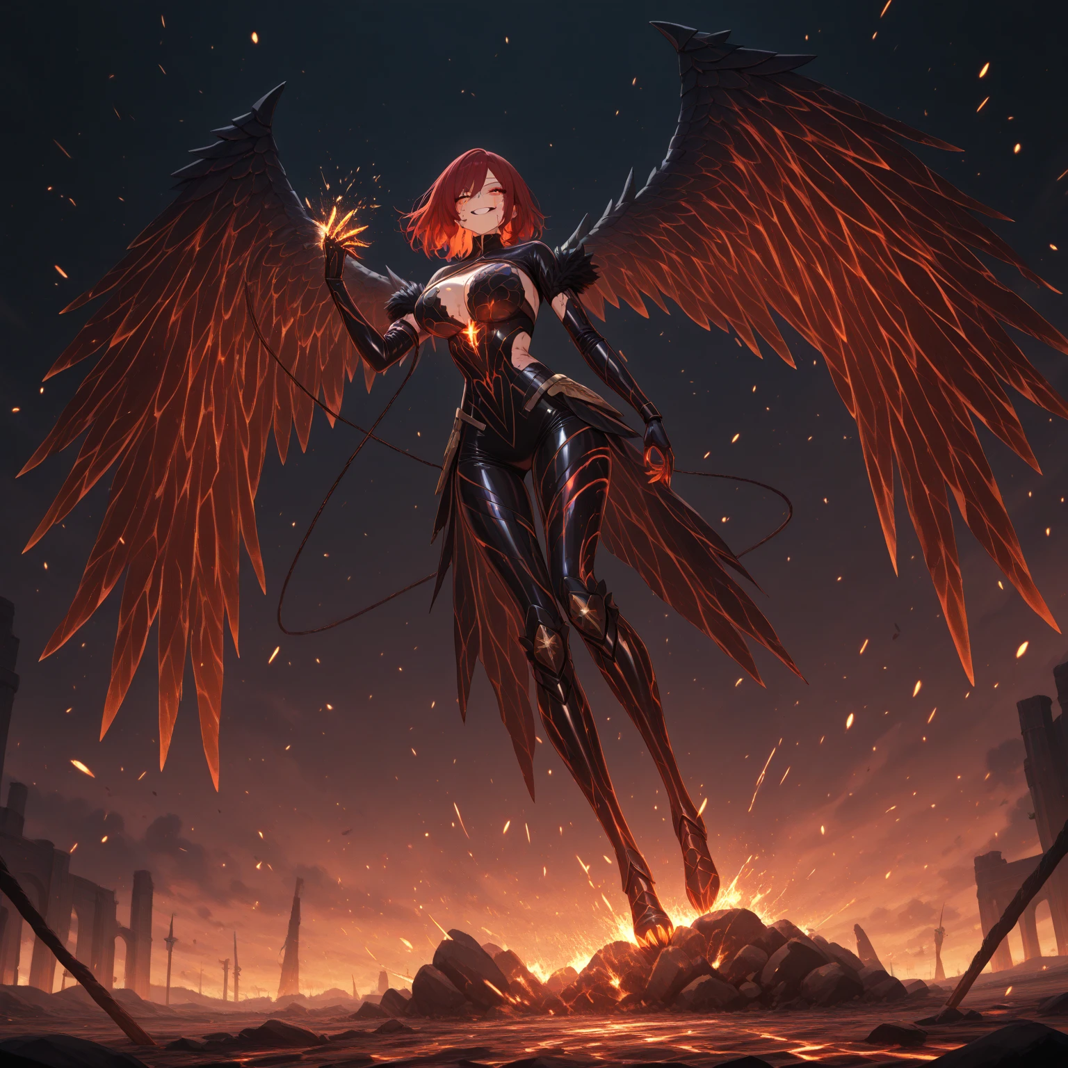 (((Red))) evil fallen angel, with ((())) huge firewings, in an apocalyptic city in flames. The fallen angel is depicted in a photorealistic style, resembling a and ???? figure. The firewings should be prominently displayed, emanating intense flames. The cityscape in the background is apocalyptic, with buildings crumbling and engulfed in flames. The overall atmosphere should be dark and sinister, reflecting the theme of destruction and chaos. The camera lens used for this image is a ((35mm)) lens, capturing a medium shot of the fallen angel, emphasizing their expression and features. The lighting is dramatic, with flickering flames casting eerie shadows. The resolution should be ((4K)), ensuring high detail and realism
