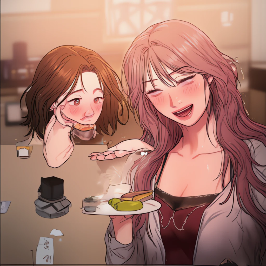 a cartoon picture of two women with red hair and a speech bubble, manhwa, trending on cgstation, inspired by Wang Duo, trending at cgstation, in the art style of bowater, trending on artstration, high quality fanart, about to consume you, 8 k cartoon illustration, bite her lip, exciting illustration, two beautiful anime girls, sakimi chan