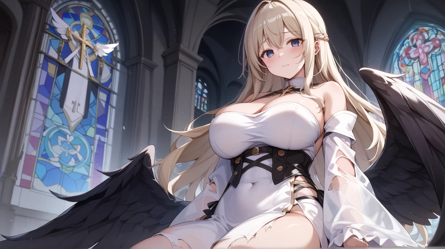 masterpiece, Hyper quality, Hyper detailed, perfect picture, alone, beauty, 1 girl, maid costume, Angel Wings, alone, Peaceful look, long blonde hair, enchanting eyes, ridiculously large breasts, shiny skin, church