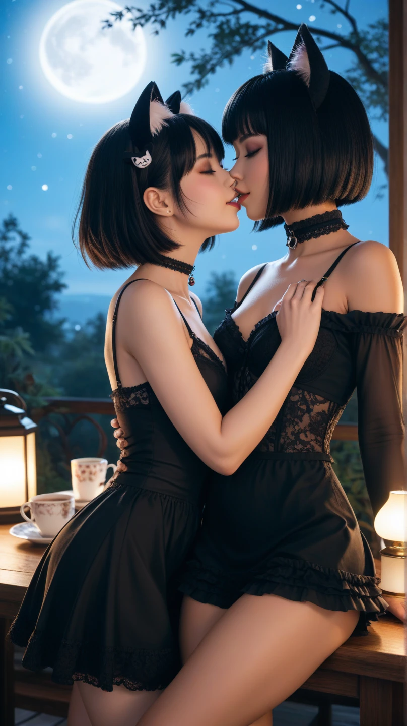 ((high quality)),Tabletop,(Detailed depiction of the local area:1.2),Two Girls,Ample breasts,Enchanted Valley,Mouth closed,eyelash,nipple bigboobs,Portraiture,Gray Hair,Black Theme,short hair,yorha no. 2 Type B,(((Gray Hair and black hair)))、((lily)) Full body image、(((Sixty-nine)))((Woman in white underwear、Woman in black underwear))((Two smiling people))((白い肌とDark Skin))(((Black Hair、Dark Skin、Woman in a black dress)))((White Thong))((Black Thong))(((Two people intertwined)))((kissをする2人))(() ((kiss)) ((Close ~ eyes))