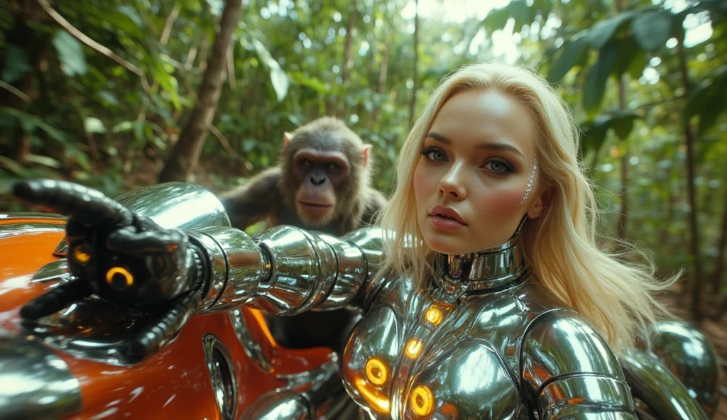a beautiful girl (aubrey plaza) in a 60s sci-fi styled spacesuit, sexy silver space swimsuit, bubble helmet, fancy electronic tools, being guarded by her brown bear cyborg companion in a bubble helmet, on an alien world, 8k, extremely detailed, photorealistic, cinematic lighting, vibrant colors, concept art style