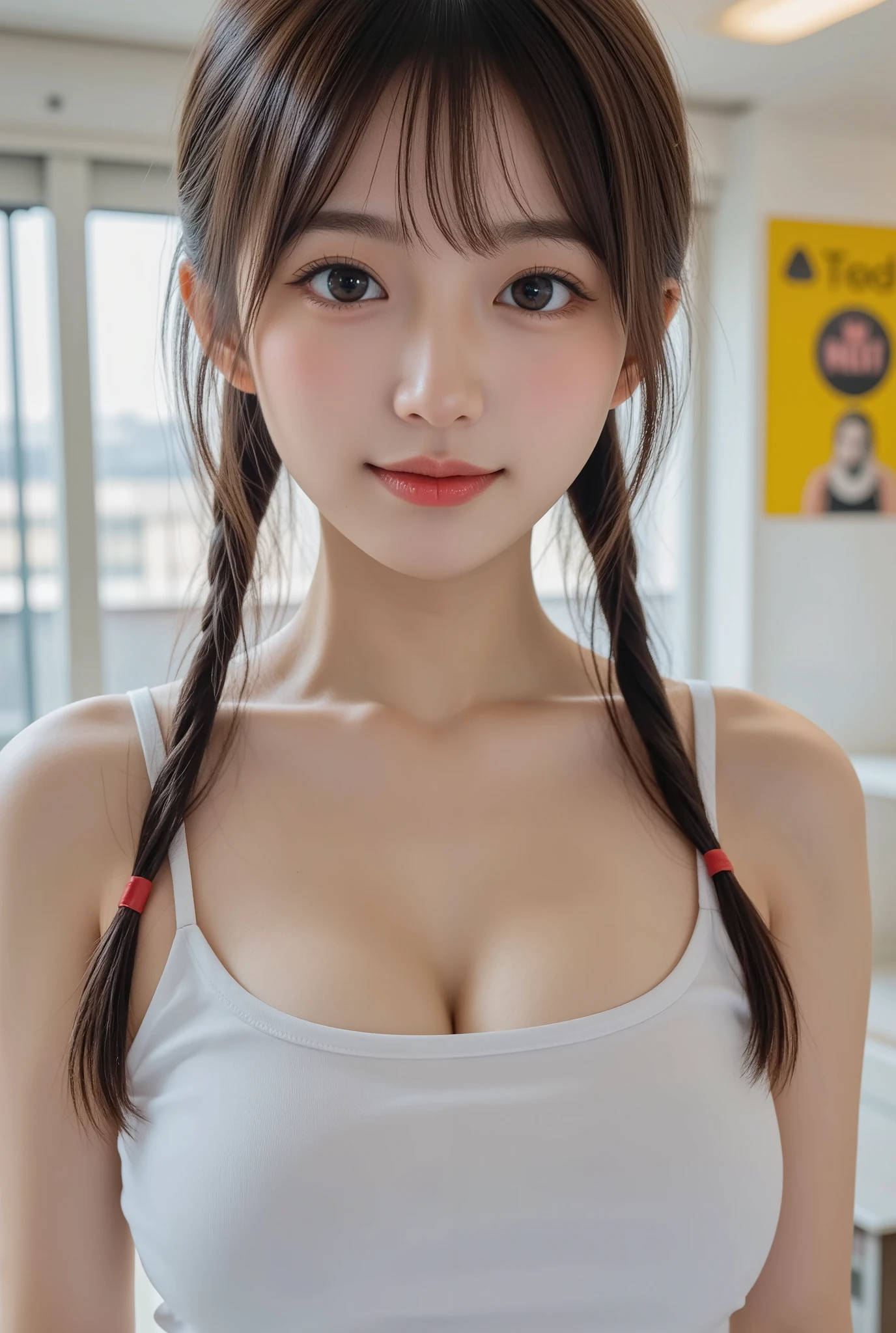 21yo girl, blue hair, (twintail Hair). Cute smile,detailed striped camisole croped tank top:1.4),close one eye, show shoulders, cleavage, show big thigh, Ultra Gigantic breasts:1.6 ,hands holding breasts,plumpy body, standing pose , sitting on bath thub