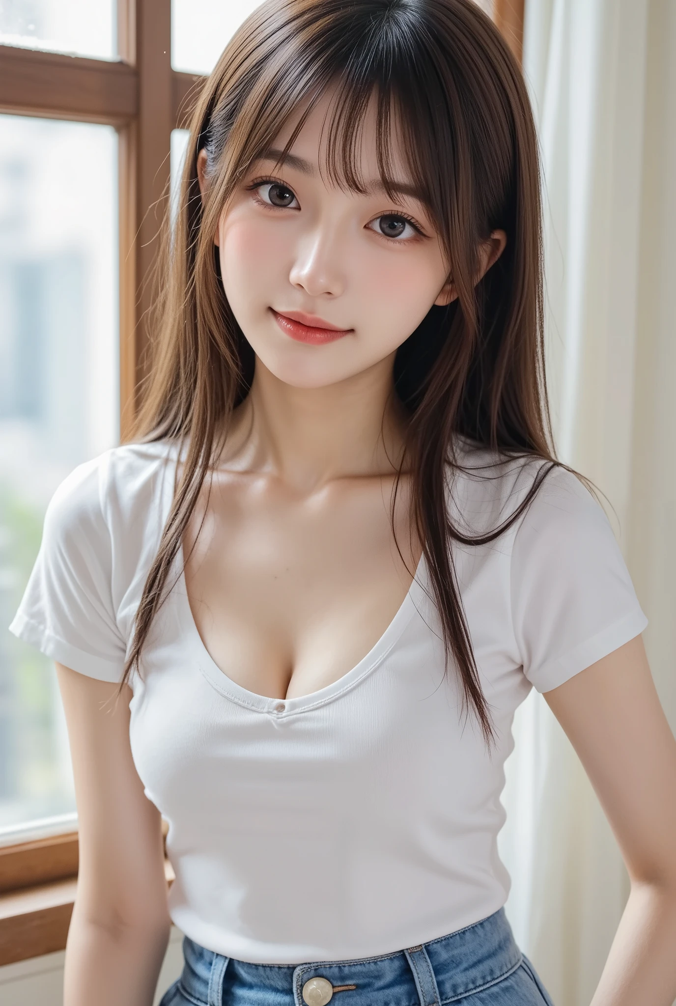 8K, highest quality, real image, intricate details, super detailed, Super high resolution, depth field,(realistic,realistic:1.2), Frontal shot , From the middle , 1 girl, Eye_Chan, very beautiful 17 year old girl, innocent big eyes,、beautiful DD breasts:1.5、(highly detailed eyes:1.2)、(beautiful DD breasts:1.1)、wavy hair、curly hair、bangs、, perfect skin, Fair skin, cleavage, tight waist, light blush, alone, looking at the viewer, light smile、(snug white t-shirt、 tartan skirt)、Bedroom