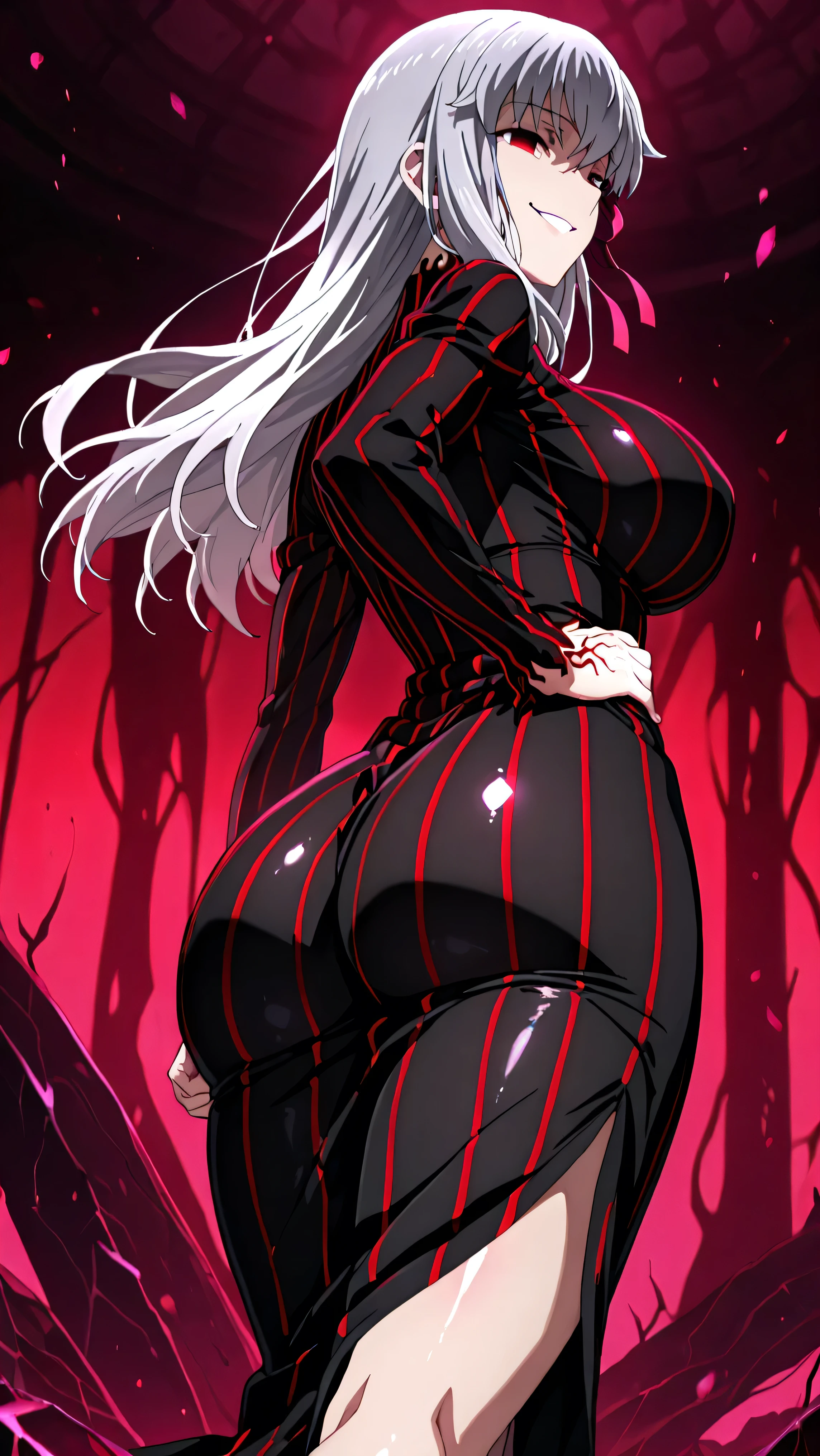 girl, (huge breasts size 128 cm), (narrow waist), Powerful woman, White hair, big butt size 130, beautiful face, fine features, Red eyes, SMILE, evil, psychopath, mileena costume, black suit, coming out of a river of blood, giant ass, very curved, White hair, blood eyes, full lips, seductive, ribbon in hair, choker, sexy fishnet bodysuit, aros payment, thick thighs, curvy physique, caderas anchas y round ass, high fantasy theme, view from behind, culo a lavista, aura of malice, round ass, he touches his ass, nude, ass bigger than her breasts