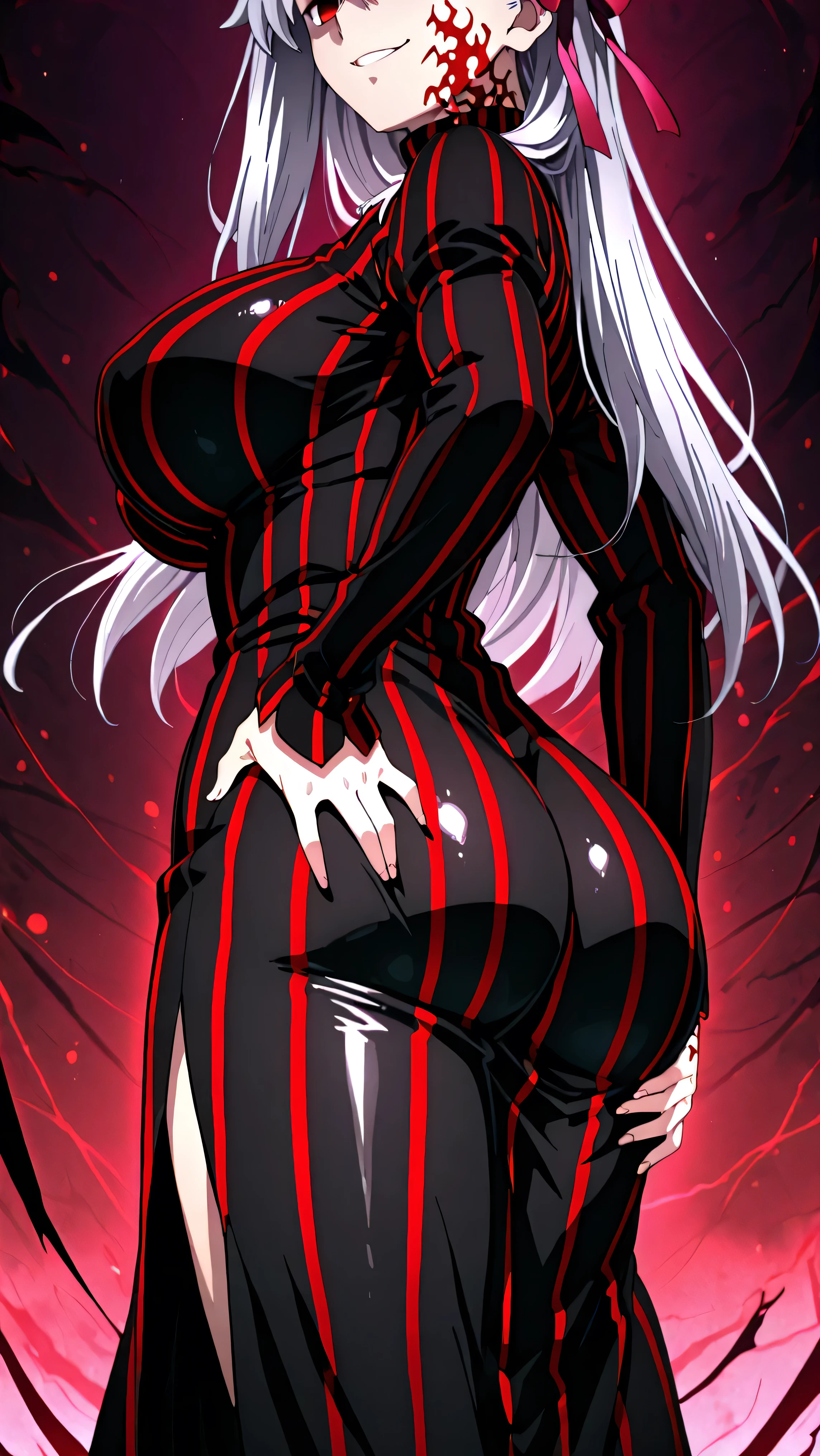 seductive dark sakura, tight shiny black latex full-body bodysuit, glowing red lines, huge ass, bis ass, huge tits, big tits, small waist, thin waist, thick thighs, enormous thighs, narrow waist, wide hips, high heels, toned, she removes her bottomwear becoming barelegged, frank cho sketch, crosshatching, spot color
