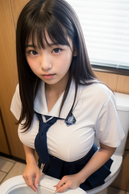 Embarrassed schoolgirl、Breasts are E cup、In a dimly lit room、on the bed