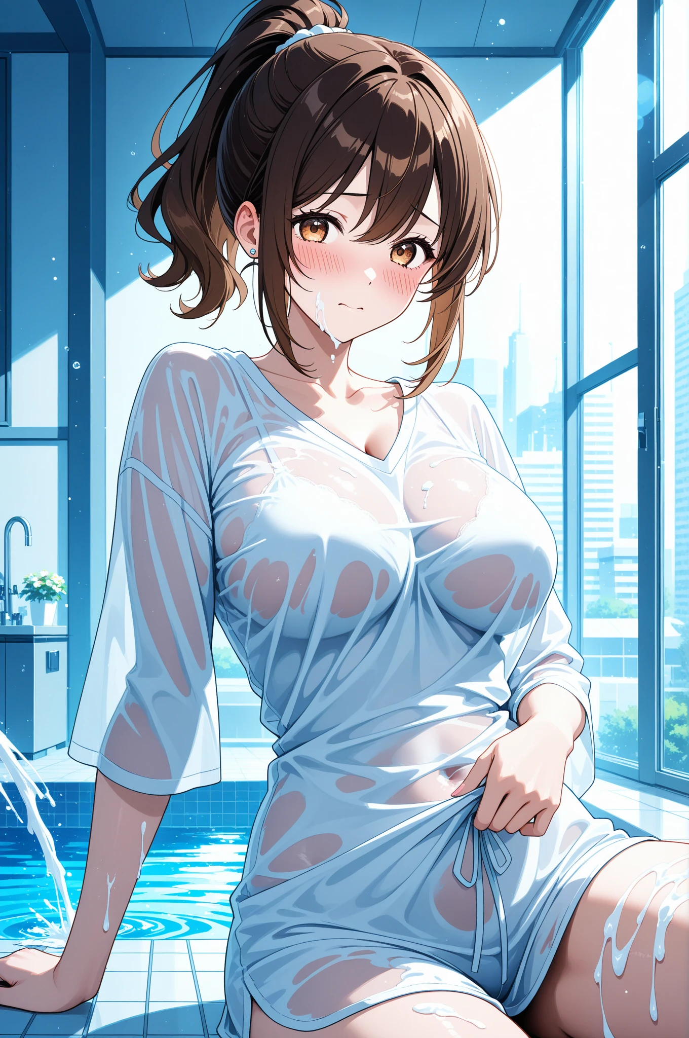 (Raw photo, realistic:1.4), highest quality, masterpiece, , Father, 1 girl, Small brass,cleavage, brown hair, brown eyes, smile, lips,skirt lift, black legwear, white panties, 8K, Cenimatic lighting, pointed nipples、Sweat、wet body、