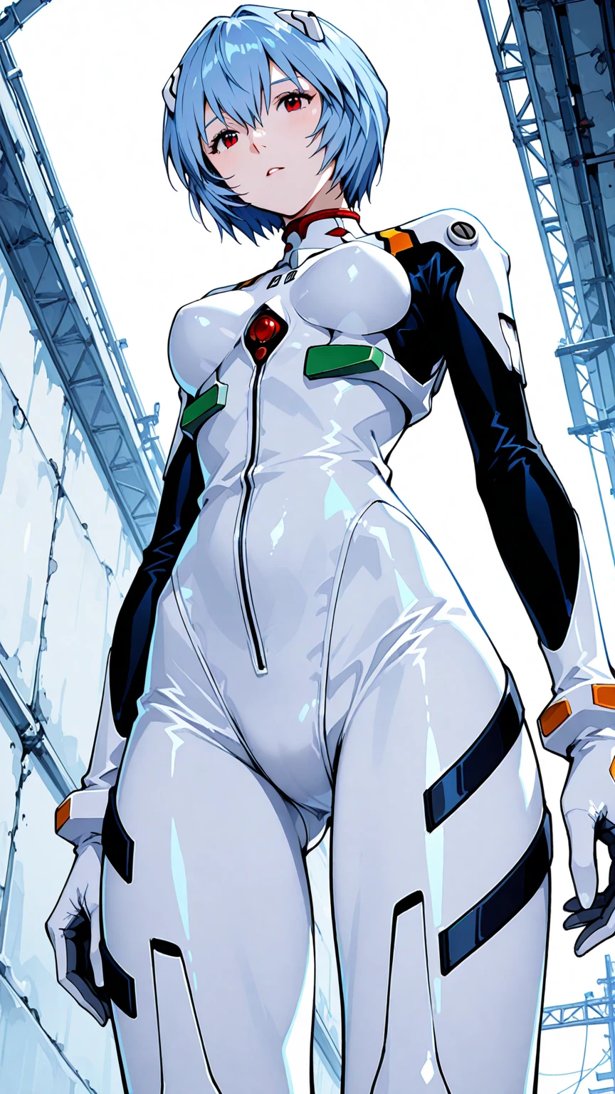Anime Reality,Soft Light, masterpiece, best quality,high quality,Delicate face, Practical,photoPractical,1 Girl,Wet Woman Ayanami Rei,White tights,Red Eyes,Pilot suit,short hair,Blue Hair,Bangs,Interface Headphones,turtleneck sweater,Hair between the eyes