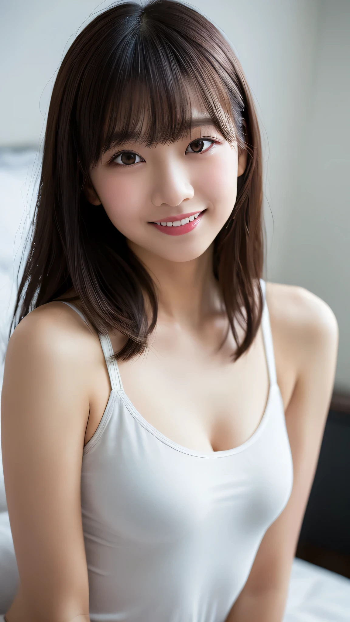 top quality, 8k, raw photos,award-winning portrait, solo, Idolface, delicate girl, upper body, dslr, stares at viewers, Candide, sophisticated design, Zola々right, smile, Thin Arms, Professional Lighting, film grain, Color Difference, (The eyes and face are detailed :1.0), (on bed:1.1)、tank top、cute girl、small breasts
