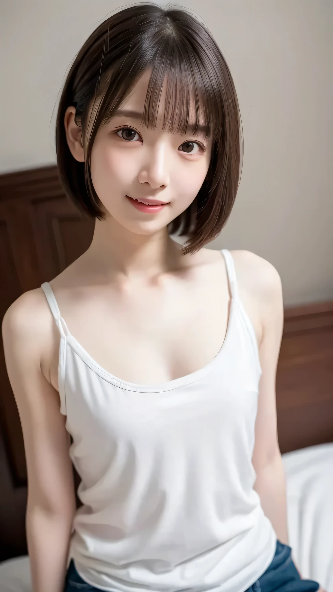 top quality, 8k, raw photos,award-winning portrait, solo, Idolface, delicate girl, upper body, dslr, stares at viewers, Candide, sophisticated design, Zola々right, smile, Thin Arms, Professional Lighting, film grain, Color Difference, (The eyes and face are detailed :1.0), (on bed:1.1)、tank top、cute girl、small breasts