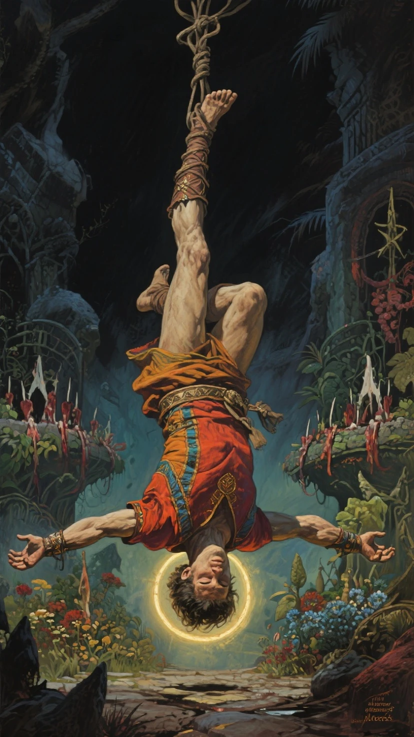 The battle between a giant fox spirit, and a man, set in a cave, a massive dead tree, 8k, oil on canvas painting, 17th-century painting stubs, baroque style, dramatic lighting.
