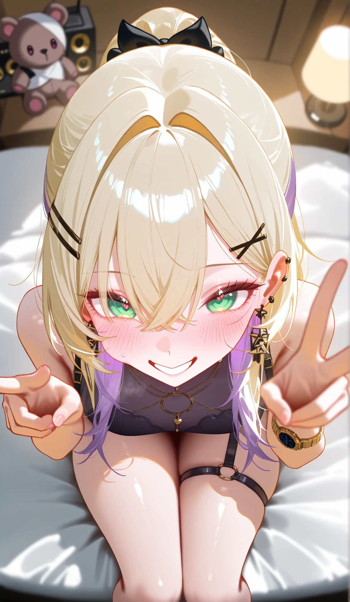 best image quality, high quality, high detail, 超A high resolution, 8K resolution, Depth of the bounds written, Cinematography, intricate details, elaborate, methodical, grow, maximum details, extreme beauty, (solo:1.5), (Jeanne_d'Arc_alter_fgo:1.1), (white hair:1.5, short hair:1.4, (yellow eyes:1.5), ahoge), (((black fancy micro underwear:1.5, grabbing own breasts:1.3))), (huge round breasts:1.7, nsfw:1.4,cleavage:1.3), busty, wet skin, sweaty,steam, ((on bed:1.5)), (blush:1.2), (smile:1.4), upper body shot:1.3),(emphasize the chest:1.4),(thin waist:1.4)