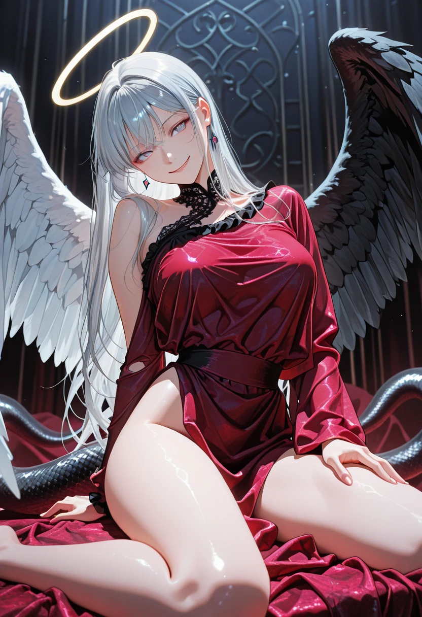 solo, female, long white hair, straight hair, large recurve horns, ((white horns)), pointed ears, red eyes, slit pupils, huge breasts, tall, medieval, innocent clothes, white spade tail, white demon wings, (white wings), succubus, shy smile, seductive, luxurious, hotel, sitting on couch, curvaceous, warm, arm together, v arms, cleavage, wide innocent eyes