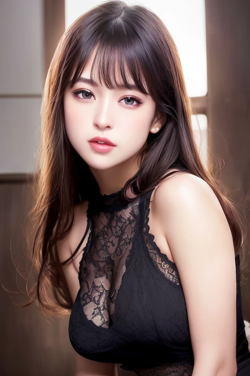 Anime-style woman, thin, thin, whole body, Full of tattoos, Lots of earrings, Beautiful and shiny hair, Rainbow Eyes, Slanted Eyes, Wavy Hair, Kind and charming, Expose your shoulders, Delicate and sexy collarbone, Attractive oval face, double eyelid, Pink Lips, Small Nose, Concentrated face, Ultra-high resolution, Very detailed, Graceful posture, Gorgeous, ultra-thin, Transparent black lace mini dress, Glowing Skin, Realistic Background, sunlight