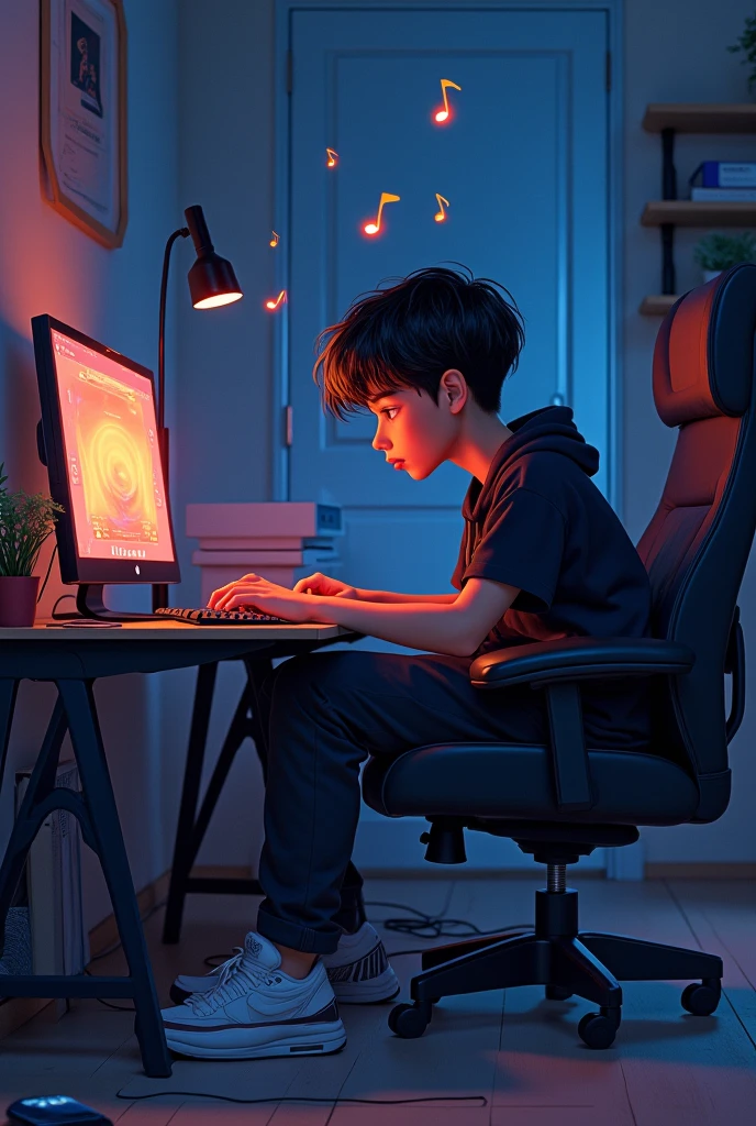 A Brazilian boy, headphone lover and a little chubby, is in your well-organized room, with his earbud collection in the background. This image will serve as a background for your YouTube channel about technology and hi-fi audio, where he is listening to music on a Bose earbud.