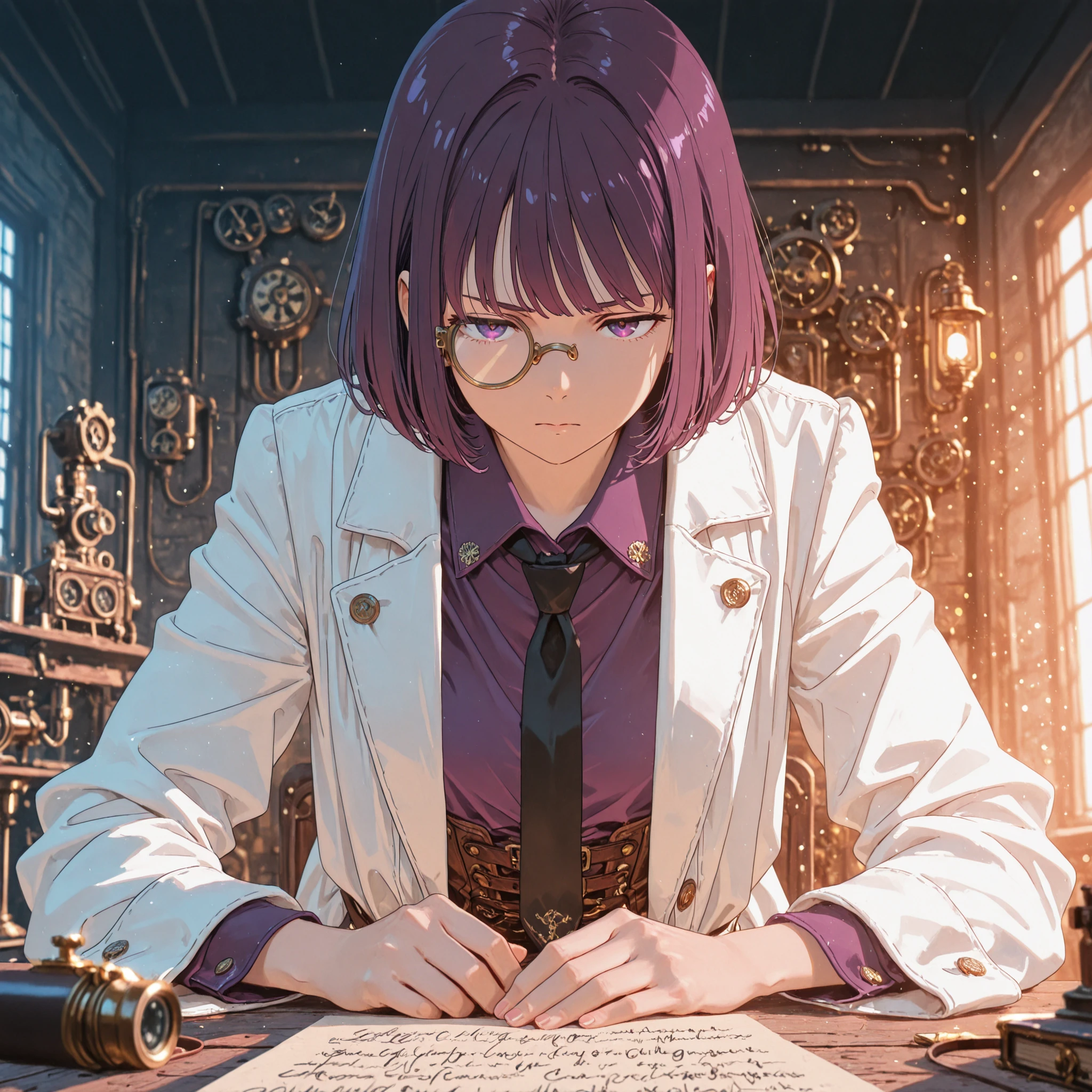 One Man, purple hair , short hair, scientists,white coat,black tie,purple shirt,pensive,monocle,medieval monocular,Steampunk,masterpiece, Super Detailed, 8k, high resolution, Newest,anime style, Slim,manly,5 fingers,
cinematic lighting,concentrated expression, Intense gaze, Dramatic Perspective, soft writing, blurred background, Bokeh, depth of field, focused foreground