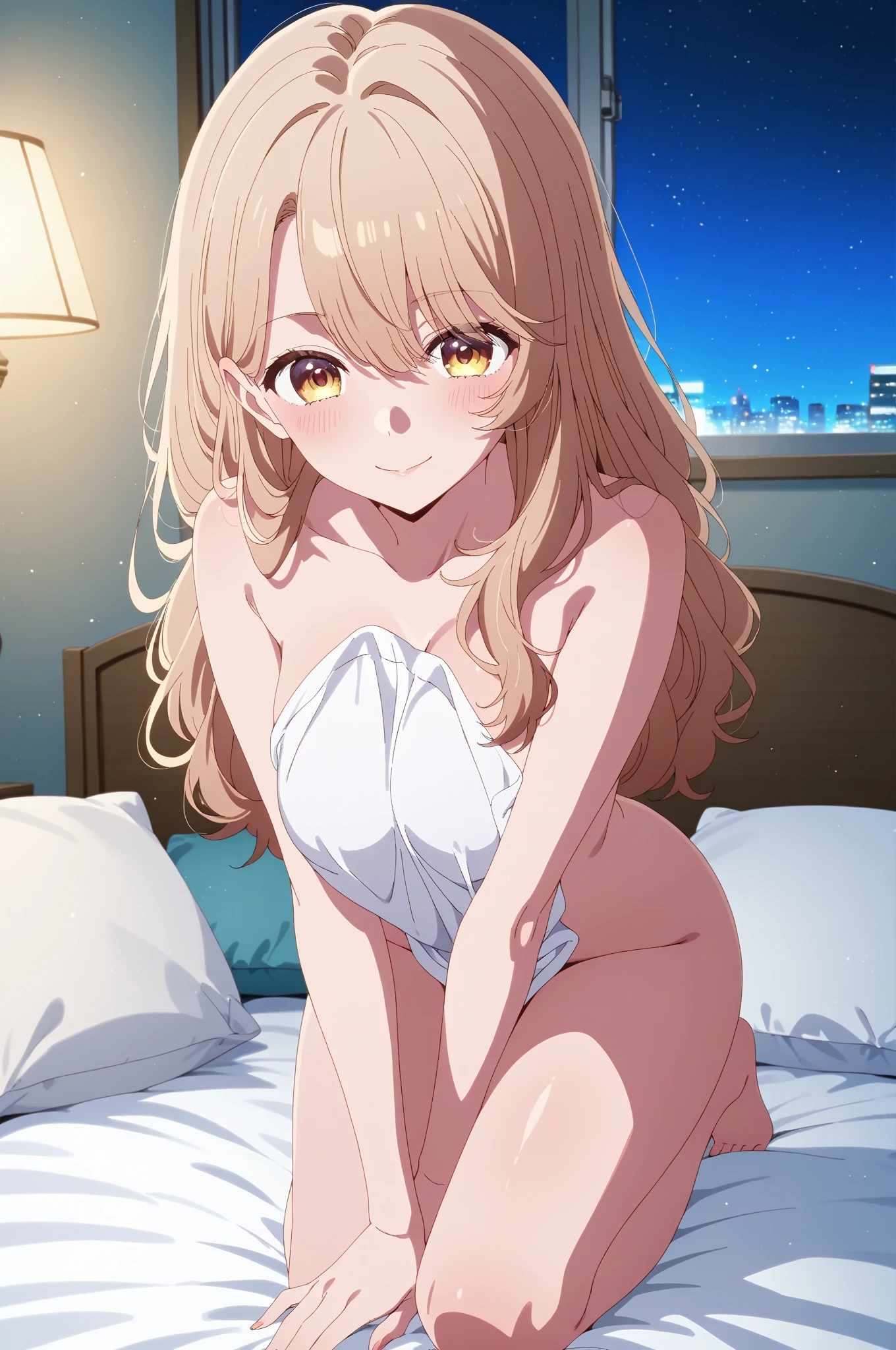 masterpiece, (best qulaity:1.3), 8K, wallpaper, depth of field, beautiful detailed eyes, (1girl, kousaka honoka, yellow hair bow, orange hair, blue eyes, medium breasts, window, city lights, (night sky, indoors:1.2), smile, closed mouth, (heavy breathing, wariza:1.2), bed, sheet, collarbone, completely nude, from behind, ass, pillow) <lora:ponk:0.5>