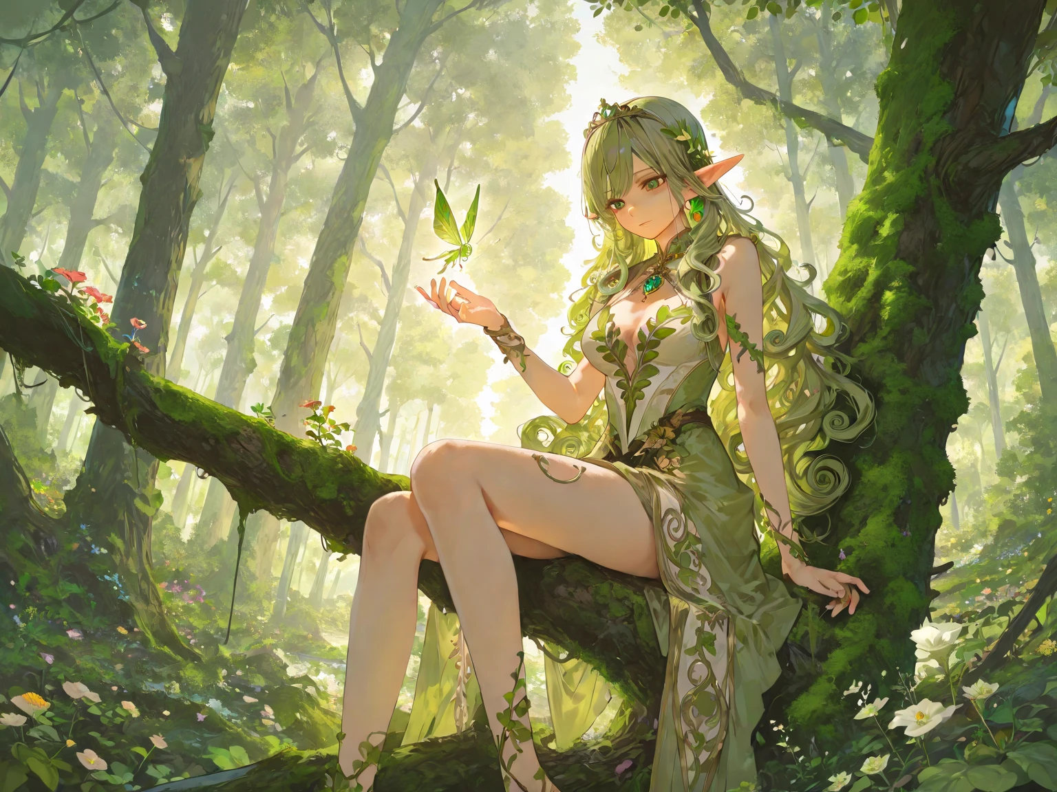 green leaf,grow,earthy,falling flower petals,(Flowers),美丽细致的眼睛,Gradient hair,tmasterpiece,Soft hair,(teens girl),the elf,Mopping straight hair,ears of elf,Design a whimsical forest filled with mythical creatures, Glowing plants, and a magical atmosphere.