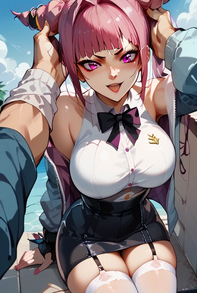 1 girl, game CG, black string bikini with sleeveless frills, cleavage visible, navel visible, maid's hair accessory, maid's small apron, gigantic breasts, pink hair, long hair, low twintails, princess hairstyle, ahoge, pink eyes, ocean, sandy beach, trees, happy, reaching out,