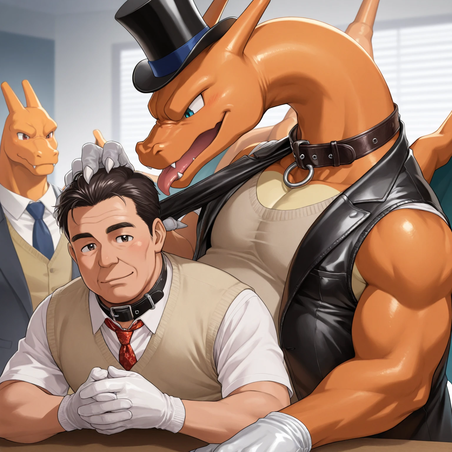 ((Gym background)) (Male, smaller, twink, anthropomorphic, grey wolf,  around chest, green eyes) (Male, LARGER, hunk, anthropomorphic, crocodile, holding leash, red eyes, sinister look)