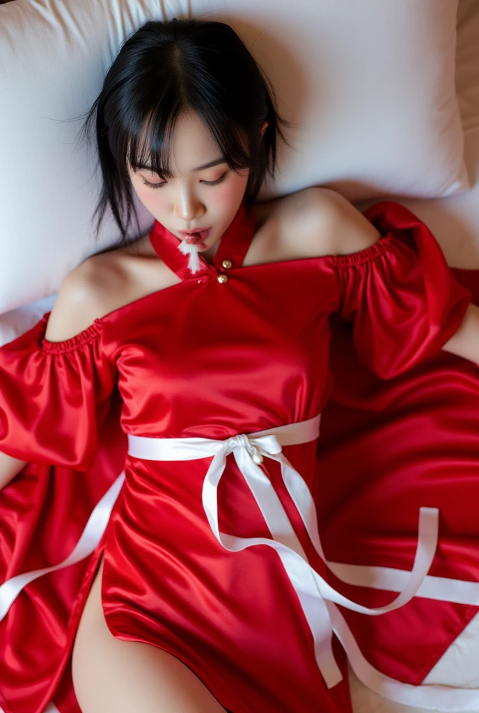 (((A 20-year-old woman with the cute face of a 16-year-old idol)))、(((Her expression shows she is panting with sexual pleasure)))、(((Full body portrait)))、(((Sleeping position on bed)))、((She is wearing white underwear))、((A face holding back tears))、((Tied up on a luxury hotel bed))、(((Wearing a red leather collar around his neck)))、(((the whole body is tied with a rope)))、(Artistic Expression)、Cleavage、Front image (((shibari over clothes,)), bondage, shibari:1.5, (((both arms tied))), ((bondage))、Accurate、Anatomically correct、Textured skin、Very detailed、 Attention to detail、highest quality、High resolution、Genuine、Indistinguishable from live-action、realism、RAW Photoasterpiece