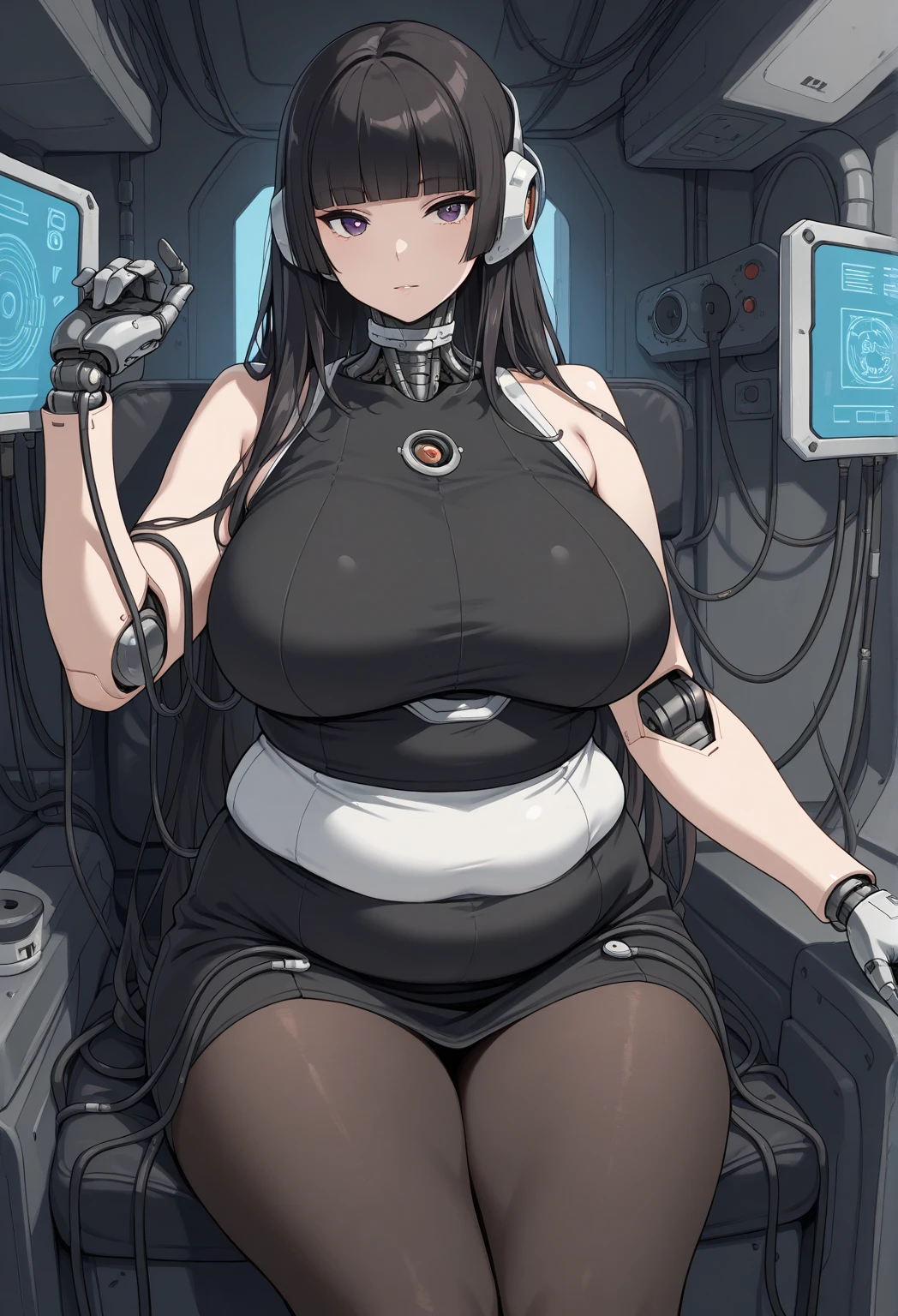 masterpiece, best quality, extremely detailed, Japaese android girl,Plump , control panels,android,Droid,Mechanical Hand, Robot arms and legs,Blunt bangs,perfect robot girl,long tube,thick cable connected her neck,android,robot,humanoid,cyborg,japanese cyborg girl ,future laboratory,robot laboratory,maintenance,connecting a cable between the legs,skirt,fat,chubby,She is charging now,（sleep mode:1.5）（closing eyes:1.5）