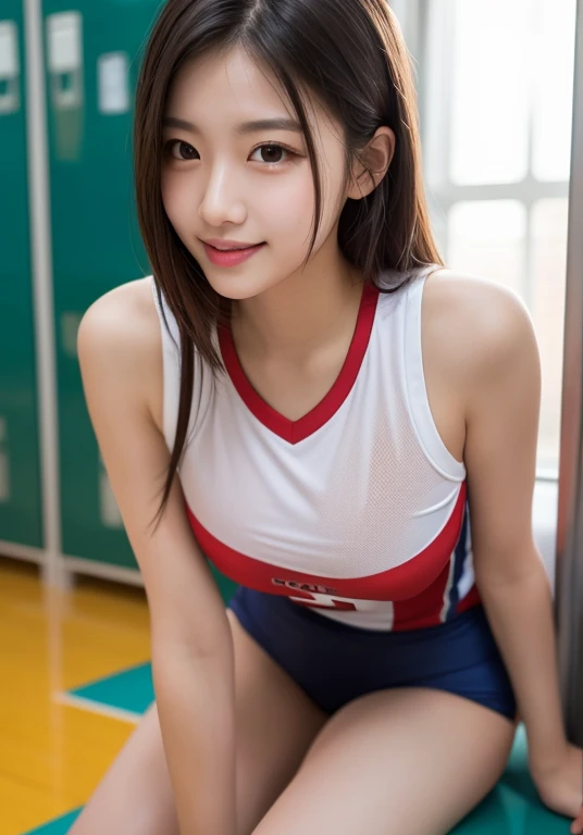 Pure young Japanese cheerleader girl, wearing summer uniforms, natural hair styles, impressive big brown eyes, no makeup, thick eyebrows, pure smile, refreshing in summer sunlight, feeling soft breeze in hair, sexual attractive, professional portrait photography, sitting in dazzling sunshine,