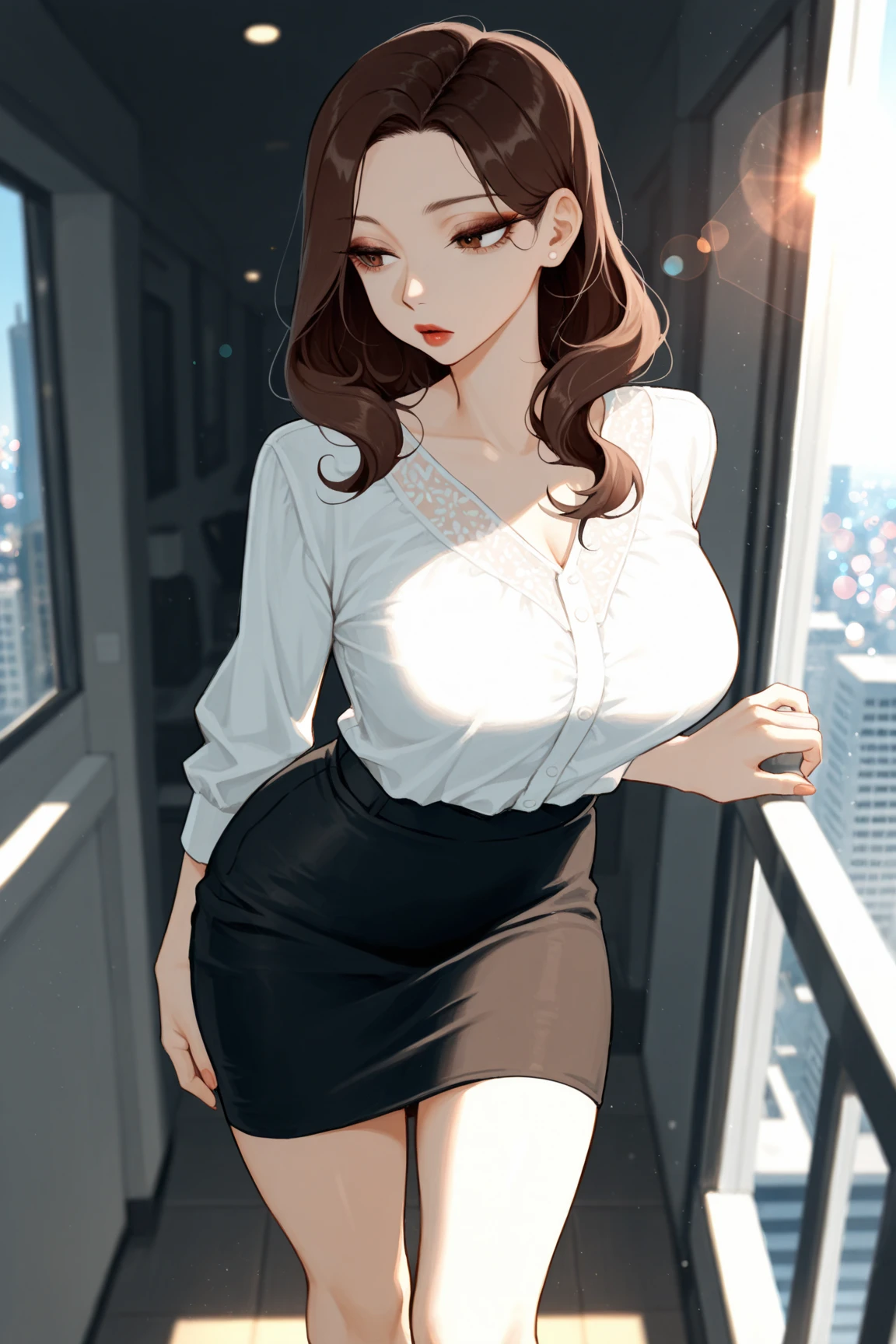 girl in a, Spread legs,(Best quality, high resolution, masutepiece :1.3), A tall and beautiful woman, Slender abs, Dark brown hair,Scattered wavy, Large breasts, standing, nedium breasts, Wearing a pendant, white button-down blouse, bag over the waist, Black skirt, (Modern architecture in background), Details exquisitely rendered in the face and skin texture, Detailed eyes, 二重まぶた