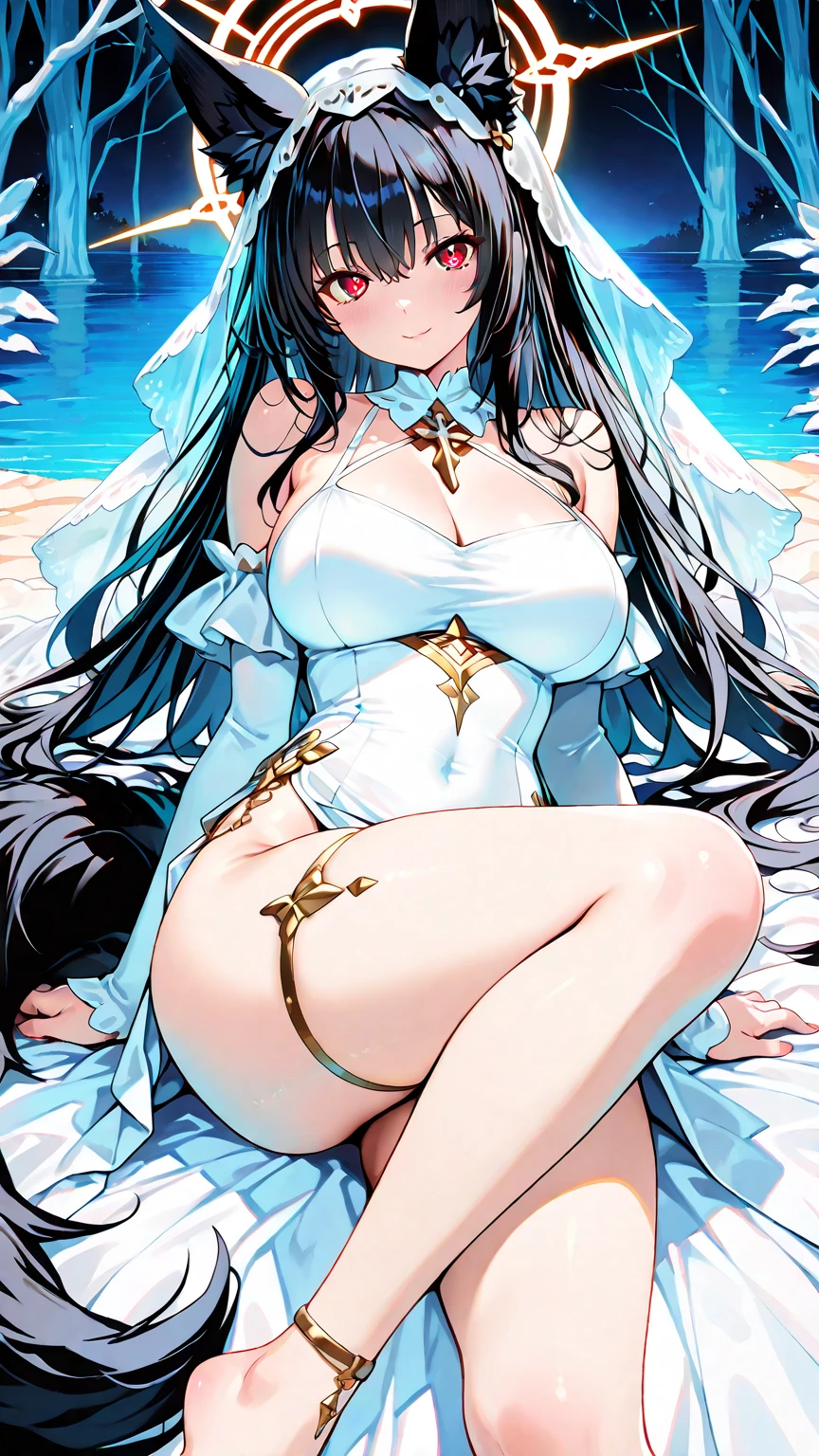 A girl, wedding dress, bikini, navel, white wedding dress, panties, sitting position, legs spread, smile, black eyes, brown hair, long hair, big breasts,