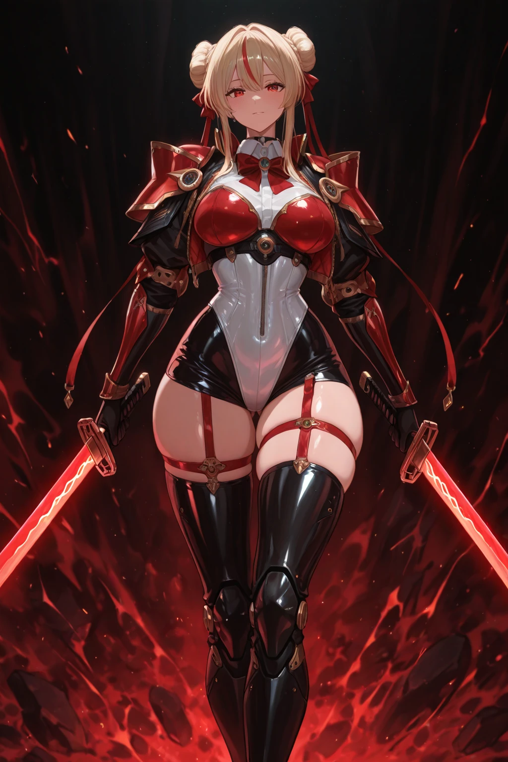 , with debris and dust particles suspended in mid-air, adding to the sense of dynamic action. The details of Taki's outfit are rendered in breathtaking precision, from the intricate folds and creases of the fabric to the delicate stitching on her gloves. The high-resolution image captures every nuance of her features, including the sharpness of her piercing eyes, the vibrant colors of her fiery red hair, and the subtle blush on her cheeks.
Taki's expression exudes determination and focus, her lips slightly parted in a confident smirk. Her long hair, styled in a sleek ponytail, cascades down her back with glossy strands catching the light. The skillful use of shading and highlights creates a sense of depth and dimension, making her appear almost