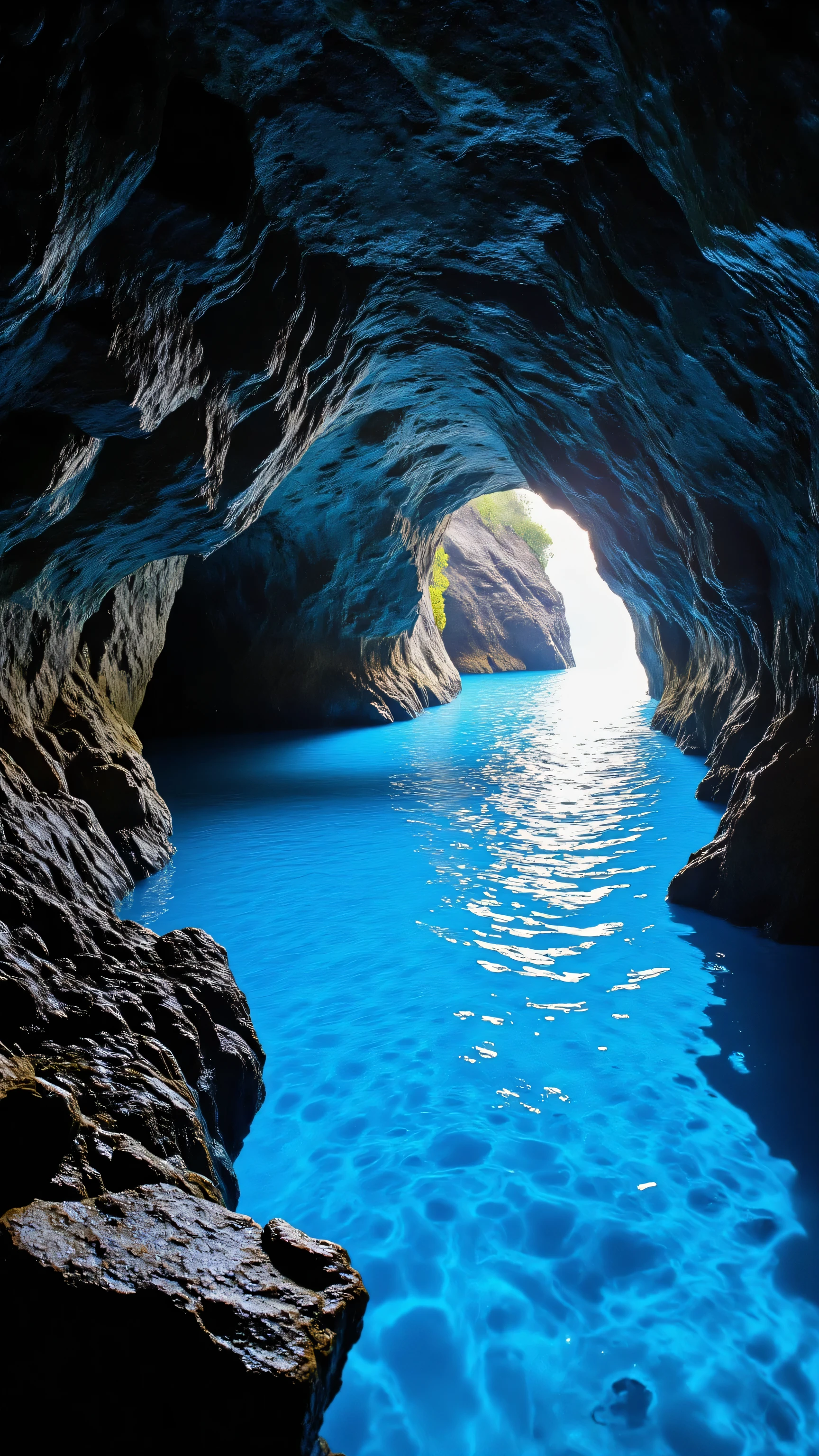 high-resolution image、natural caves with hidden blue crystals that take your breath away、青の洞窟、The surface of the water remains、makes you feel the depth and serenity of this hidden paradise。ブルーと少しだけ緑もある水晶岩塊達 Natural Underground Sink Holes.It blends perfectly with it、natural rocks are not touched by humans、simple, clear water、bright sunlight gently shines through the tunnel exit、sparkling blue on the surface of the sea.