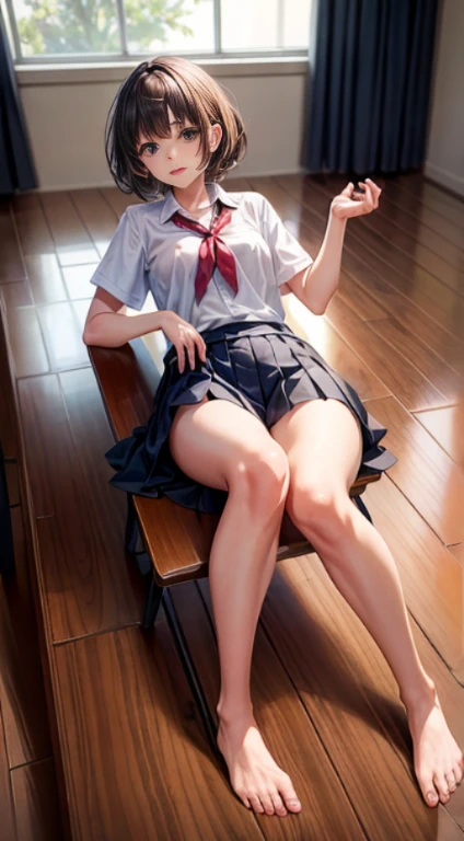 ((masterpiece)), (HQ), (4K), (high detailed), (((best quality))), (detailed face), (beautiful, cute, pretty girl), (18yo teen girl), ((high ponytail)), ((small medium breasts)), (((topless))), (blushing:1.5), (bare stomach), (bare shoulders), (bare neck), (bare arms), (bare chest), ((((dark blue pleated skirt)))), (skinny waist), (skinny thighs), (principal's office), (brown hair), (freckles on face), (bending over), (view from below), (((legs together))), (((arms crossed))), (((wearing sneakers)))