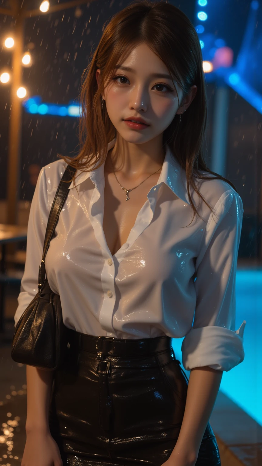 (RAW shooting, Photoreal:1.5, 8K, highest quality, masterpiece, ultra high resolution), perfect dynamic composition:1.2, Night street corner of a modern city, expression of sadness:0.5, (((Typhoon heavy rain))), Highly detailed skin and facial textures:1.2, Slim office lady wet in the rain:1.3, Fair skin:1.2, sexy beauty:1.1, perfect style:1.2, beautiful and aesthetic:1.1, very beautiful face:1.2, water droplets on the skin, (rain drips all over my body:1.2, wet body:1.2, wet hair:1.3, Wet tight skirt:1.2, wet office lady uniform:1.3), belt, (Medium chest, Bra see-through, Chest gap), (cry, lovelorn, The expression on your face when you feel intense caress, Facial expression when feeling pleasure), (beautiful blue eyes, Eyes that feel beautiful eros:0.8), (Too erotic:0.9, Bewitching:0.9), cowboy shot, Shoulder bag, necklace, earrings, bracelet, clock