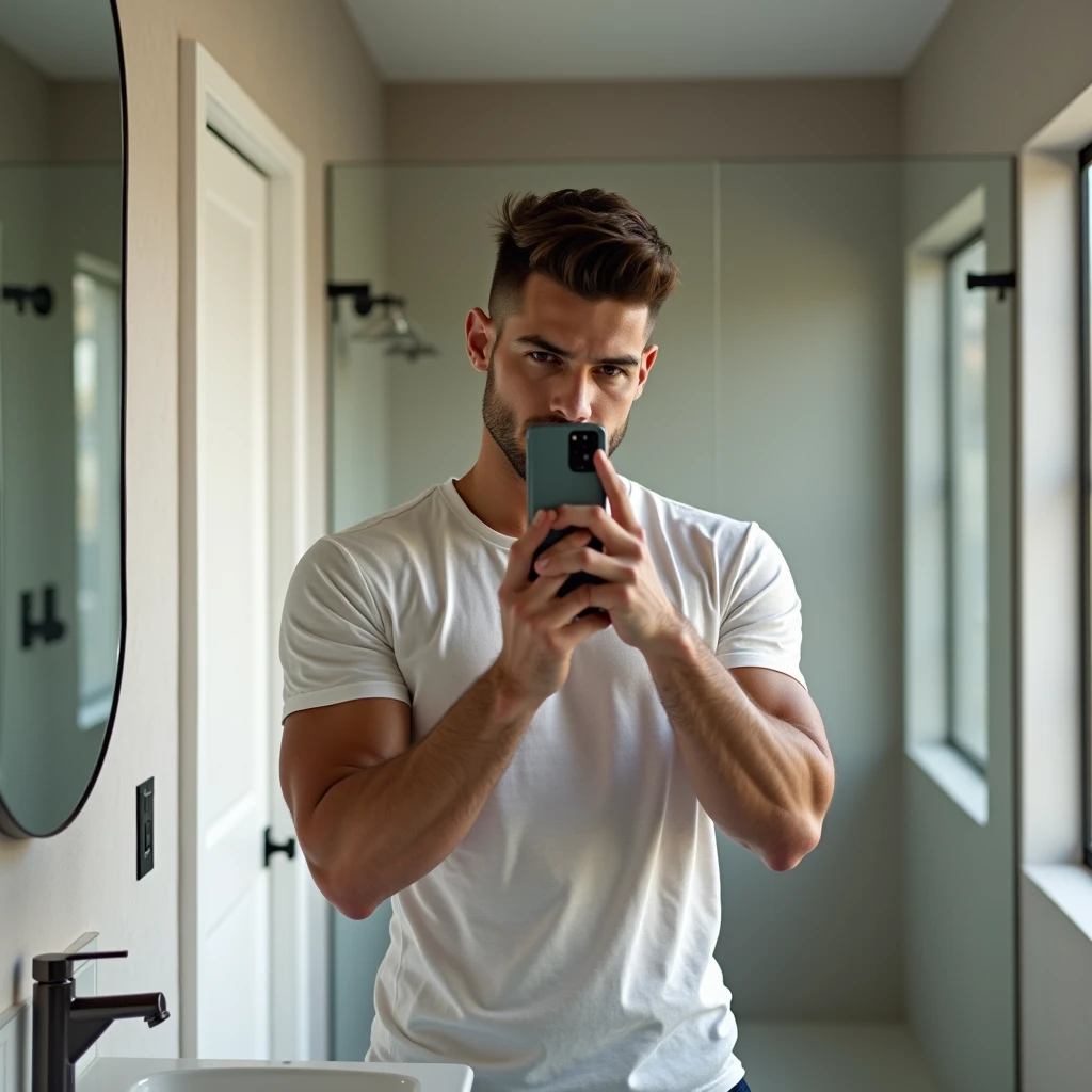 cellphone camera bathroom selfie, stained mirror flash morning light, athletic man wearing shorts, naked torso chest hair, short brown hair, stub, covering face with cellphone. portrait sized, flexing back muscles
