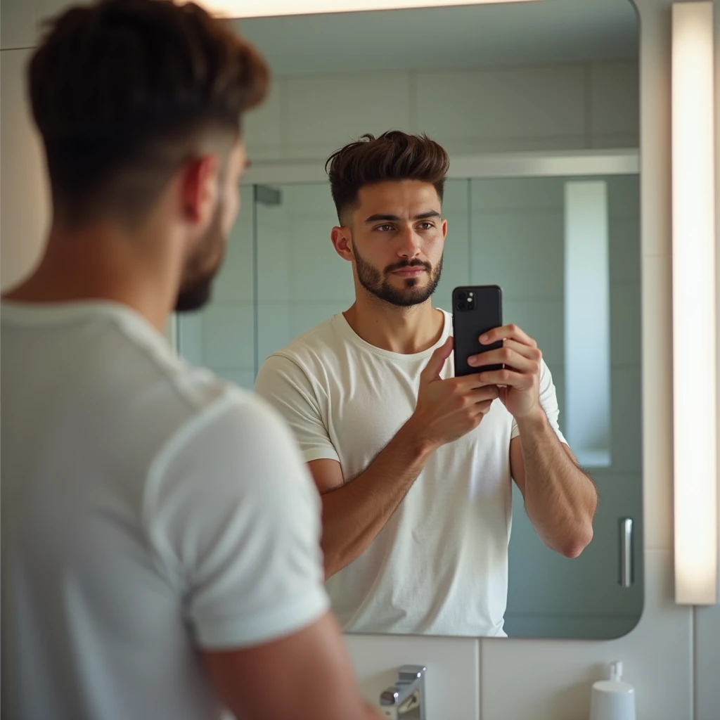 a man taking a selfie in a bathroom mirror with a camera in his hand and a towel on his neck, Byron Galvez, vanitas phuoc quan, a polaroid photo
