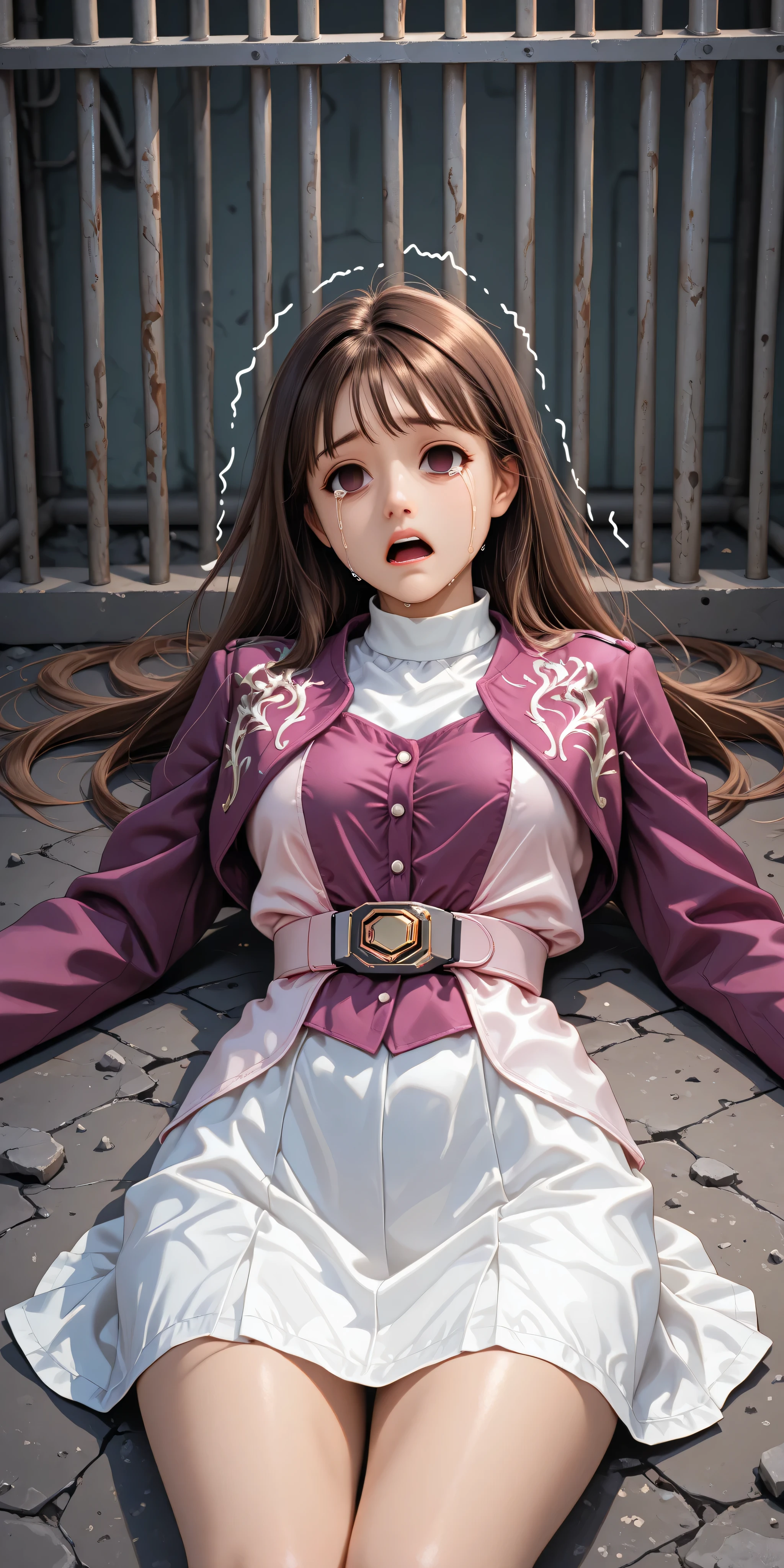 (High definition CG), (top quality),in prison,((Composition showing the upper body)),((lies on the ground on her back)),((1girl)),perfect face, wide hips, thin waist, ,purple bolero jacket with hands entangled all over the body,(((white skirt))),long sleeve, Pink Belt, straight and long hair , ((brown hair)), ((empty eyes)),crying,Frightened,((trembling)),