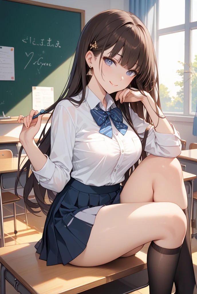 High detail, high quality, masterpiece, (small breasts), impatient pet pose, school classroom, legs spread, no panties, 1pussy visible,  school girl outfit, white shirt, black mini skirt, tie, 1vagina visible, 18 year old very young