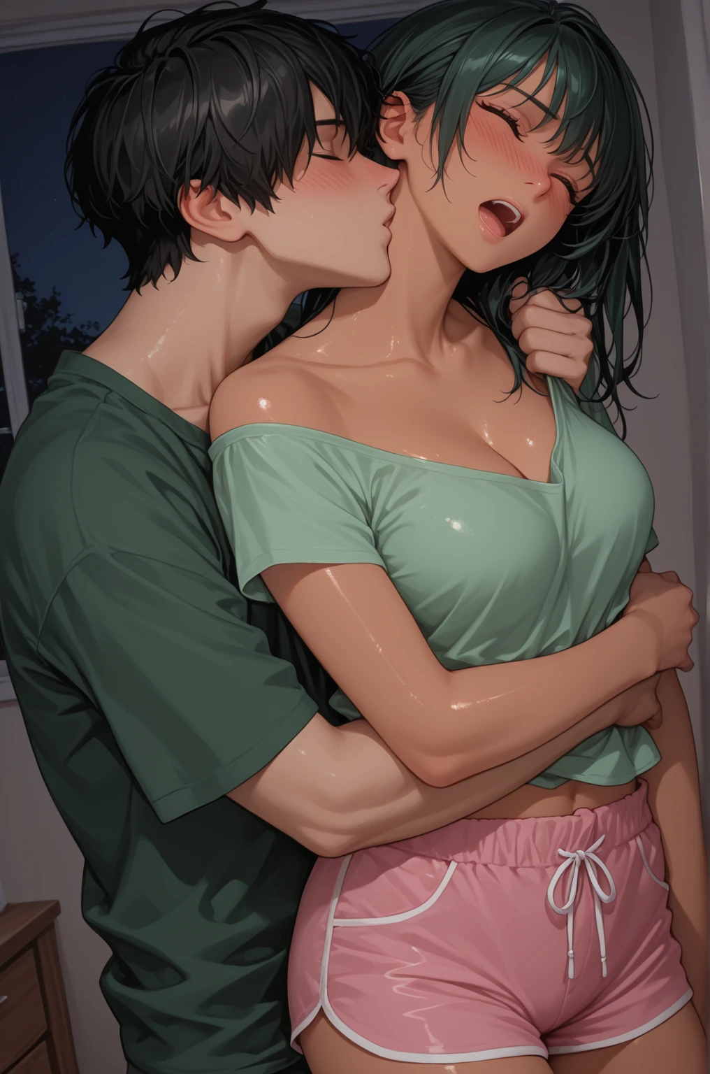 man,, sitting on the couch with his younger sister, Vaginal sex,man без одежды обнаженный, they watch cartoons on TV,,with a very beautiful appearance,Medium breasts, sexy body,black hair tied into a high ponytail with a black elastic band,white eyes,dressed in children&#39;s pajamas, girl with an excited look, boy smiling are in the apartment
