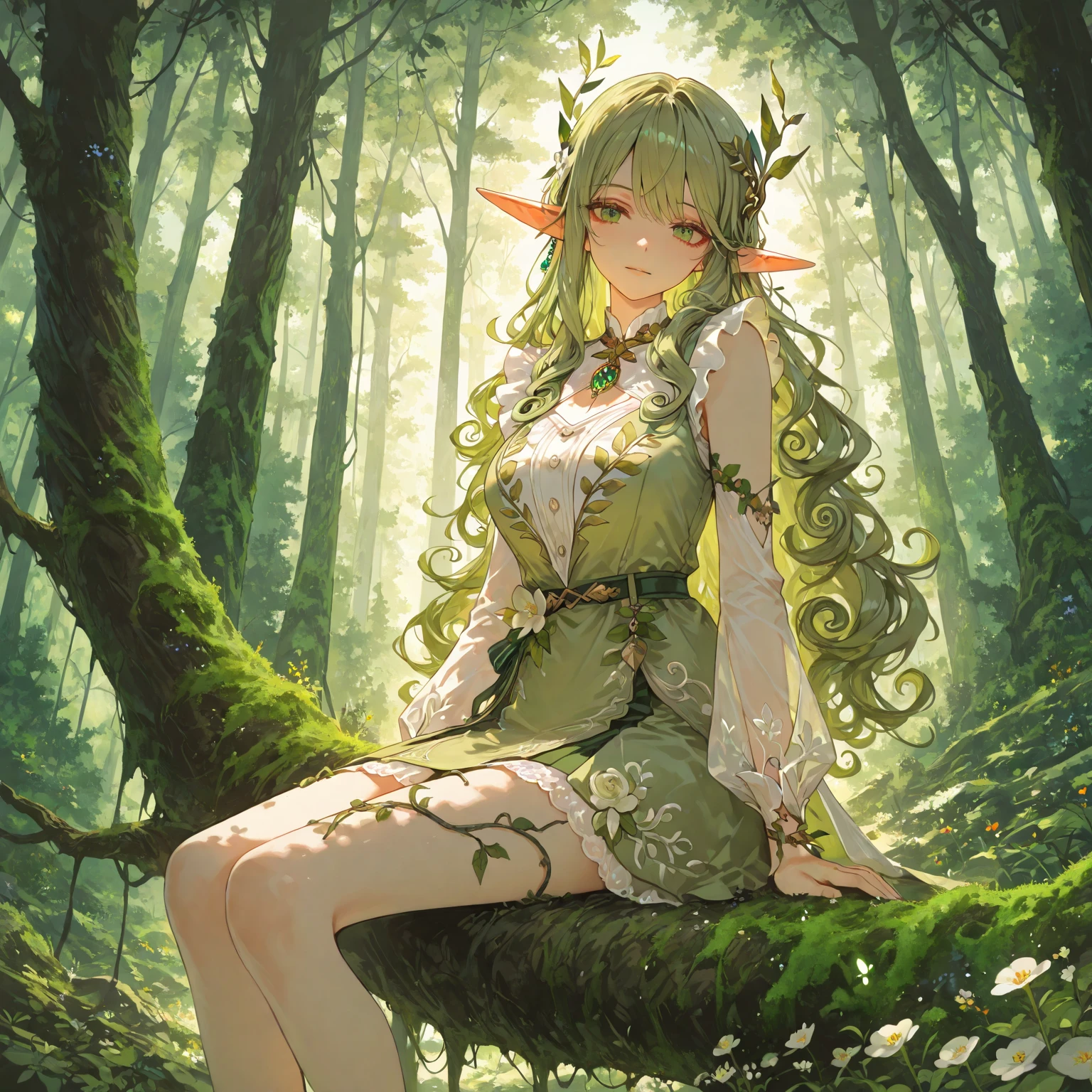 "A highly detailed and fantastical image featuring a beautiful female elf with long, flowing hair, dressed in intricate, medieval-style green clothing adorned with magical details. She is sitting under a large, ancient tree in a tranquil forest, sleeping peacefully. Soft, ethereal light filters through the canopy, creating a serene and enchanting atmosphere. The background includes lush greenery, softly glowing plants, and a gentle stream flowing nearby. The entire setting evokes feelings of peace, relaxation, and connection with nature. The overall style is dreamy and magical, with a strong emphasis on the beauty and mysticism of the natural world. The elf has an animation-style design, enhancing the whimsical and otherworldly feel of the scene."