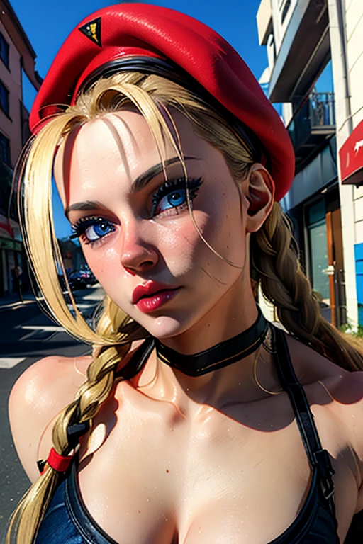 masterpiece, highest quality, High resolution, One girl, Cammy White, Twin Blade, Braid、Long Hair, Blonde Hair, Antenna Hair, beret, (Red Hat:1.3), blue eyes, Wounds on the cheeks, Green leotard, big 36 DD, No sleeve, Red gloves, Fingerless gloves, Camouflage, Cowboy Shot, Are standing, Outdoor, Arms at your sides, Straight,