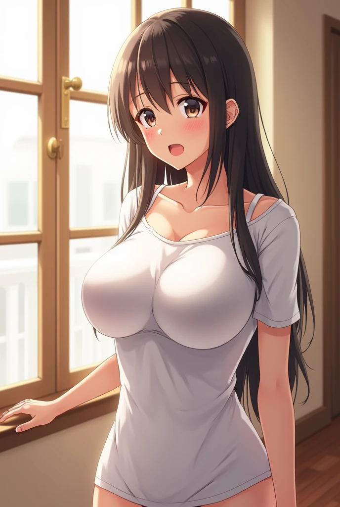 (Upper Body),alone,Medium Shot,masterpiece,Portraiture, 8k,Realistic, Elegant mature woman, Brown eyes, (Black Hair:1.4), smile,Big Breasts,(Transparent camisole),Long Straight Hair, Beautiful breasts,See-through nipples, 4K resolution, High quality CG, Beautiful CG, Soft Light