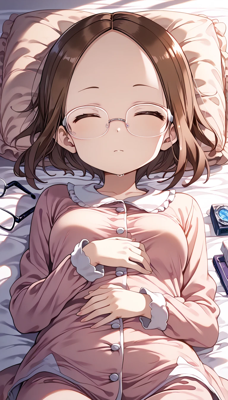 girl(Round Glasses、low length、Patient gown(Pink))Hospital bed(Sleeping on your back)