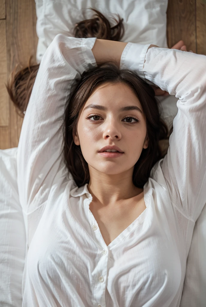 ((lying:1.5)), ((lying:1.5)), ((lying:1.5)), ((lying:1.5)), ((overhead shot:1.5)), ((overhead shot:1.5)), ((overhead shot:1.5)), ((Supine Position:1.5)), ((Photographed from directly above:1.5)), ((take a photo from directly above:1.5)), ((From above:1.5)), ((Photographed from directly above:1.5)), ((on bed:1.5)), ((on bed:1.5)), ((Hotel Bed:1.5)).
((38 years old:1.5)), ((narrow eyes:1.8)), ((narrow eyes:1.8)), ((fine eyebrows:1.5)), ((thin eyebrows:1.8)), ((thin eyebrows:1.8)), ((mature female:1.8)), ((mature female:1.8)), ((milf:1.8)), ((milf:1.8)), ((troubled eyebrows:1.8)), ((troubled eyebrows:1.8)), ((empty eyes:1.2)), ((no pupils:1.2)), ((thin eyebrows:1.5), ((beautiful straight black long hair:1.5)), ((beautiful straight black long hair:1.5)), (bangs:1.7), (small natural breasts:1,7), ((flat chest:1.8)).
((embarrassed:1.8)), ((in heat:1.8)), ((drunken eyes:1.5)).
((one woman,1 female)), ((wearing a transparent white blouse:1.5)), ((mini skirt:1.5)).
((looking at viewer:1.5)), ((look into the viewer's eyes:1.5)), ((Looking into the camera:1.5)), ((Viewer's line of sight:1.5)), strong maternal qualities, Staring at this, Face is close, Staring at this, Ultra-fine, Beautiful Hair, Transparent Photo, Have a look at this, Perfect Fingers, Perfect Face, Detailed Background, Fair skin, Translucent white skin, Perfect Fingers, Detailed Background, Highest quality, very High resolution, Perfect Anatomy, High resolution, RAW color photos, Professional photography, Very delicate, Very detailed, Finely detailed, Large file size, Best image quality, 16K, Award-winning works, Tabletop, Professional Photography,