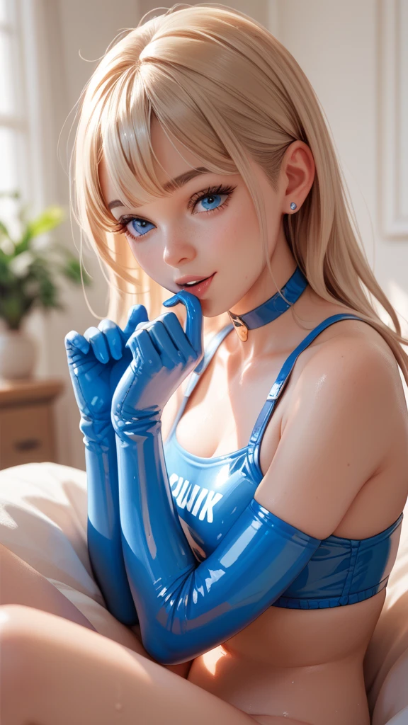 1girl, animal ears, card, pantyhose, rabbit ears, playing card, playboy bunny, hair over one eye, breasts, fake animal ears, detached collar, long hair, smile, white gloves, gloves, bowtie, leotard, blonde hair, covered navel, blue eyes, on back, lying, solo, bow, large breasts, cleavage, looking at viewer, strapless, bare shoulders, very long hair, blue bow, blush, wrist cuffs, blue bowtie